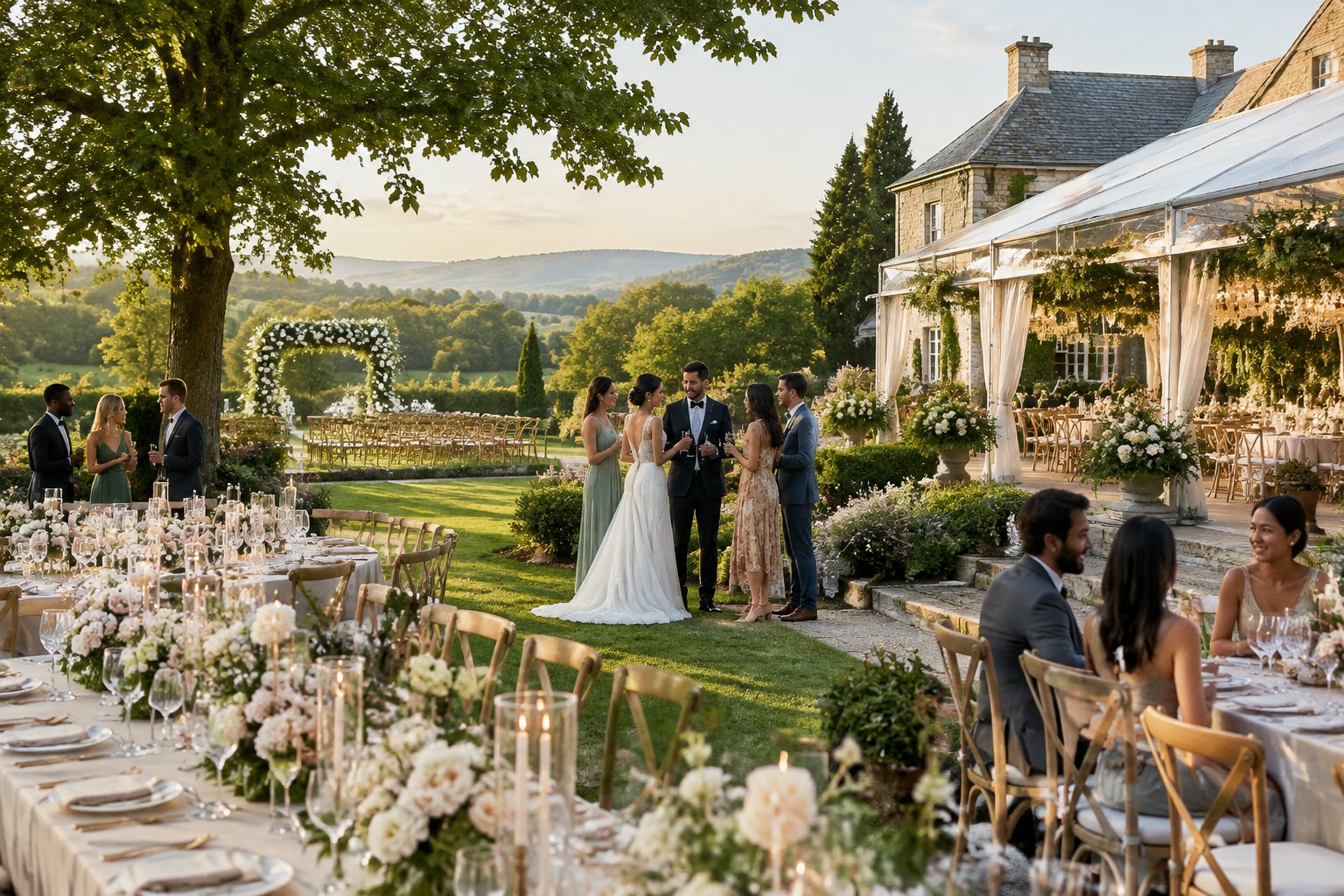 A newlywed couple celebrates with guests at an elegant private countryside wedding venue.