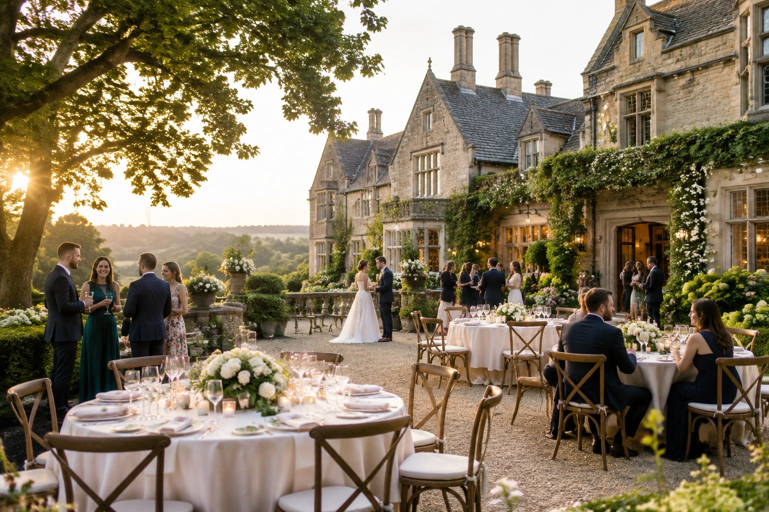 A private wedding celebration in an elegant estate courtyard with decorated reception tables and guests mingling.