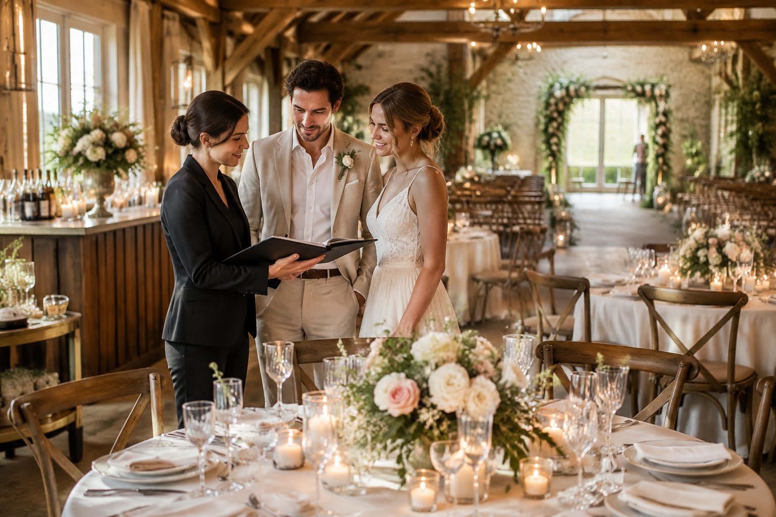 A couple reviews wedding arrangements with a coordinator in an elegant private venue prepared for a reception.