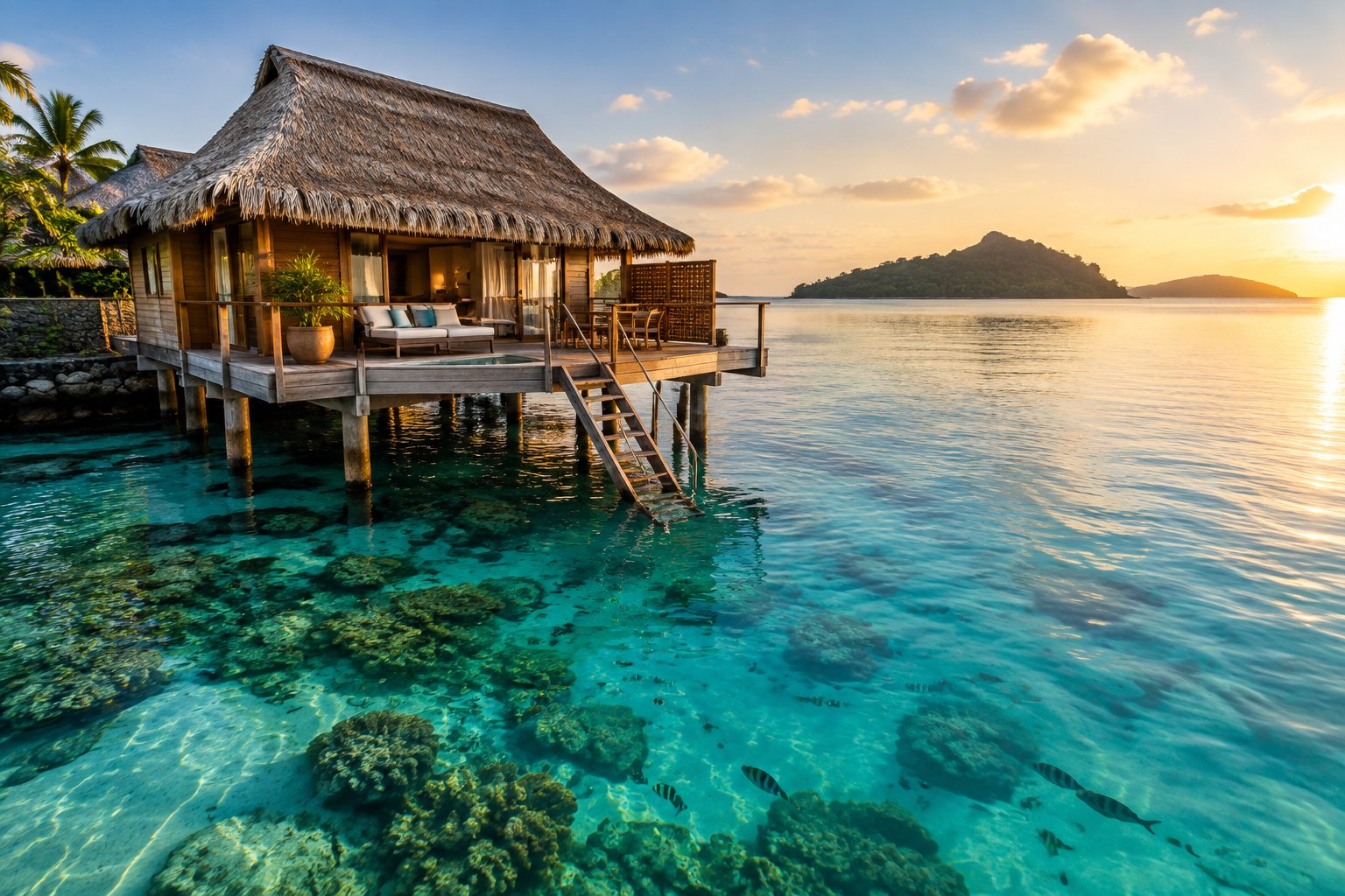 A thatched overwater bungalow stands above a clear turquoise lagoon in Fiji, with coral and tropical fish visible beneath it.