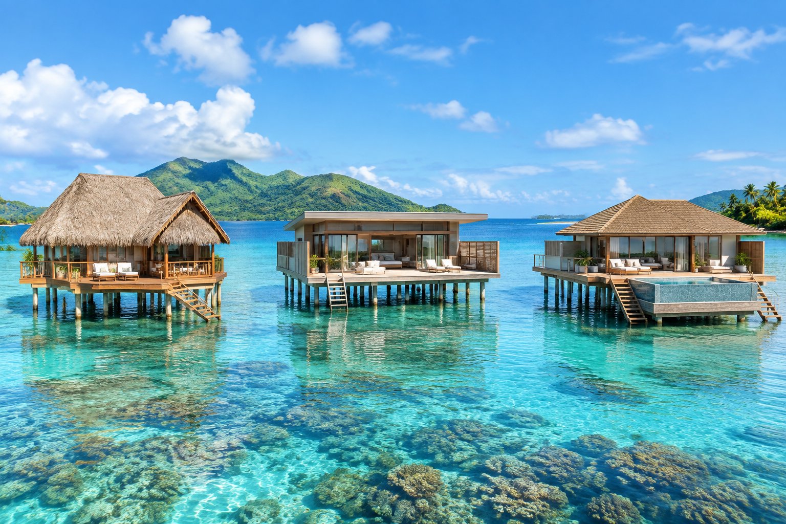 Three distinct luxury overwater bungalows stand above a clear turquoise lagoon near tropical islands.