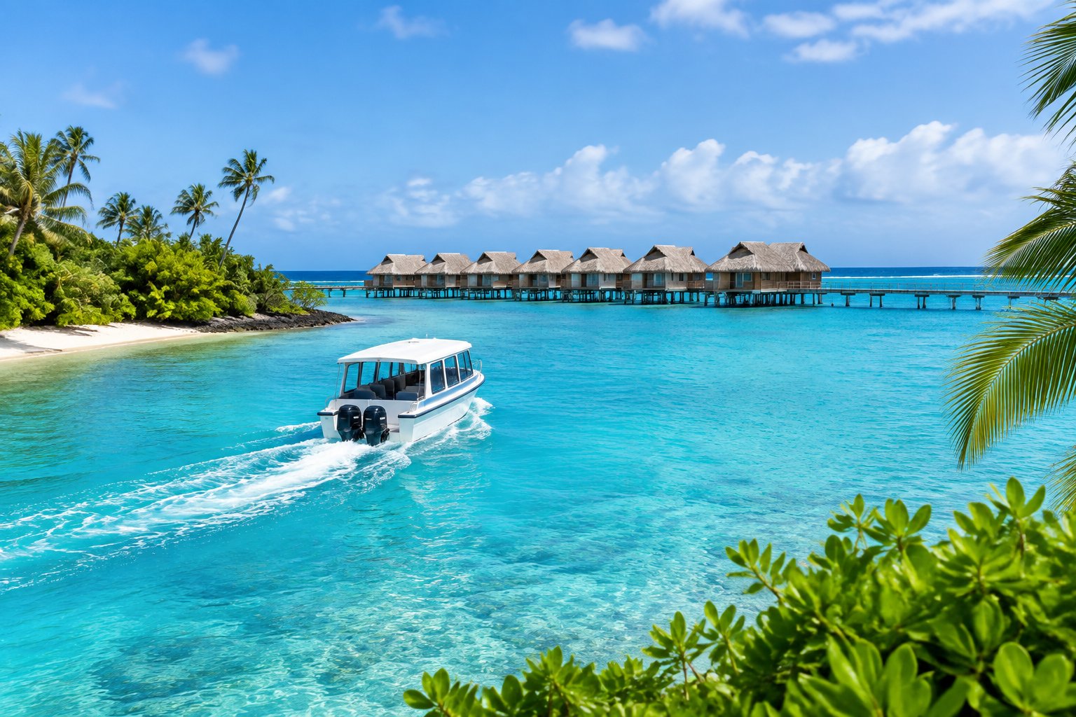 A boat travels across a turquoise lagoon toward overwater bungalows beside a lush tropical island.