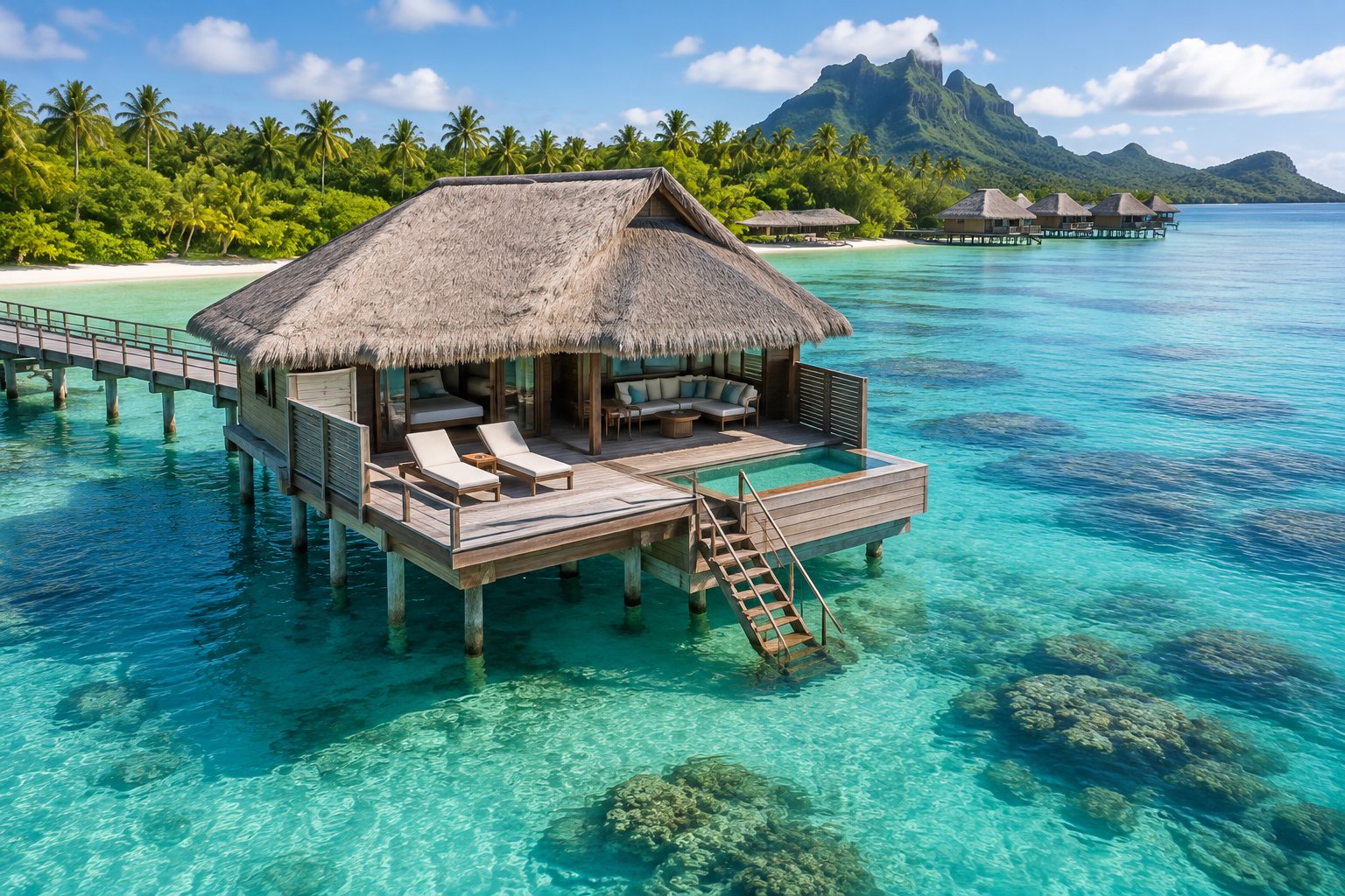 An overwater bungalow on a turquoise lagoon in Fiji, connected to a tropical island by a wooden walkway.