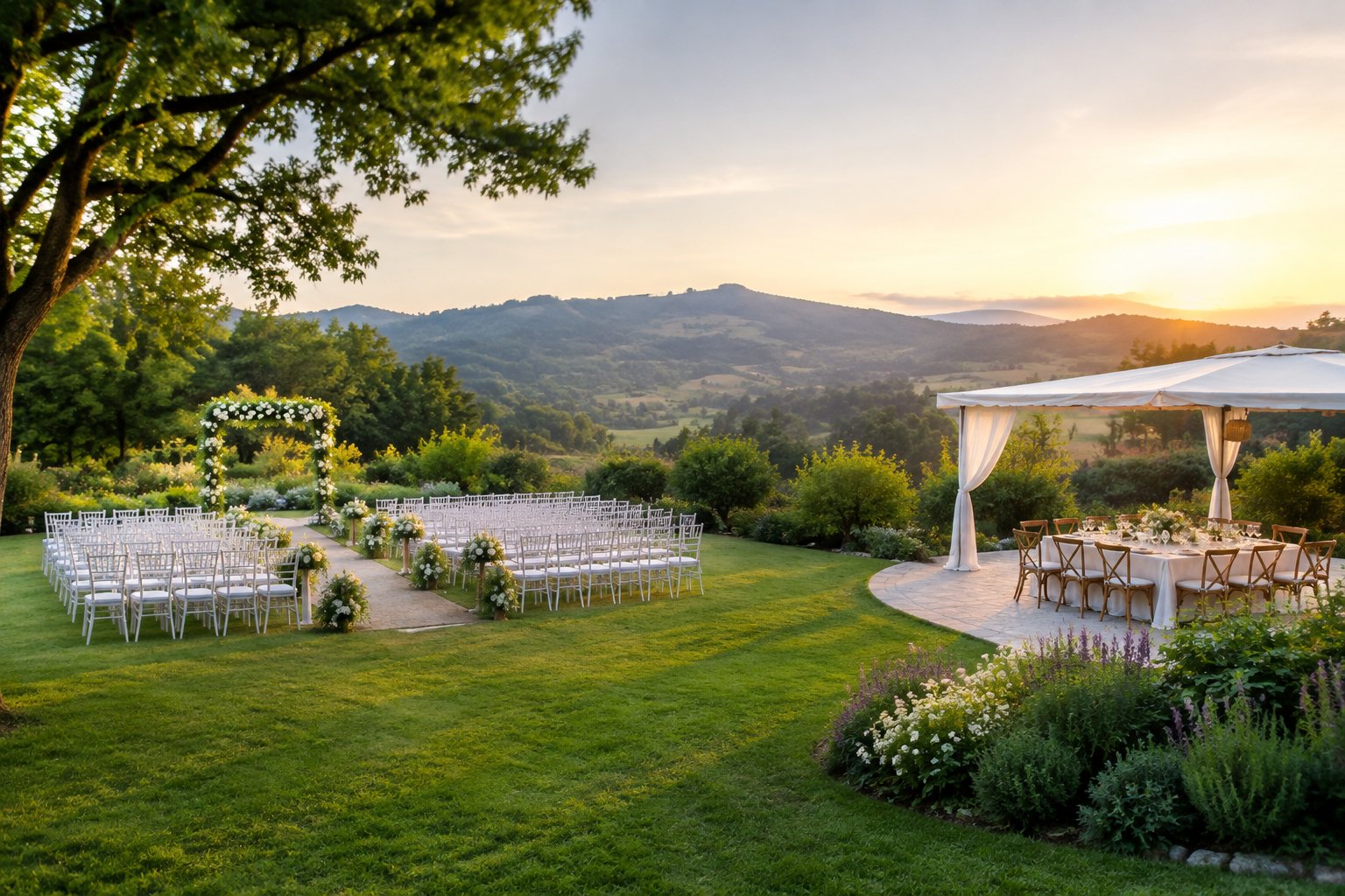 An elegant outdoor wedding venue in a lush garden overlooking a scenic valley.