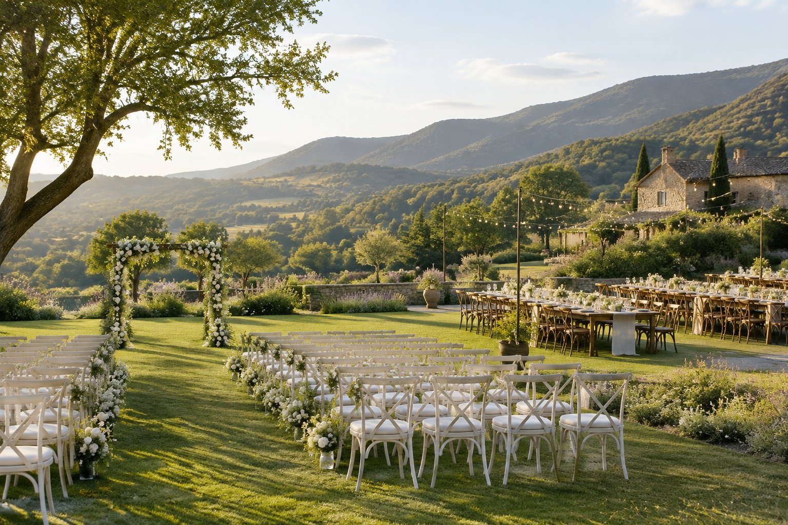 An elegant outdoor wedding ceremony and reception setup in a lush garden valley with rolling hills.