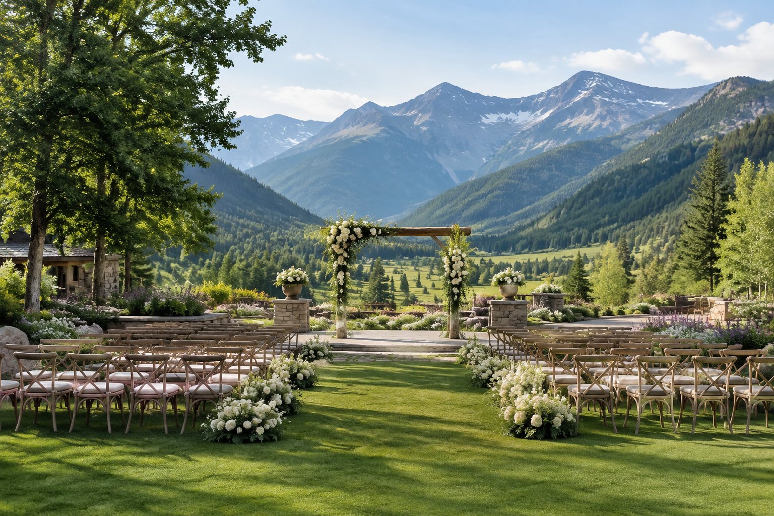 An elegant outdoor wedding venue in a lush mountain valley garden with floral decorations and mountains in the background.