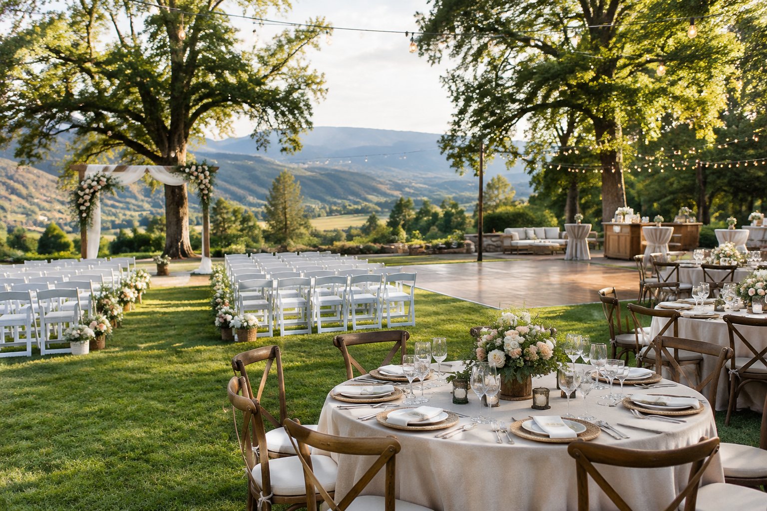 An elegant outdoor wedding setup in a landscaped garden venue with chairs, floral decorations, and reception tables.