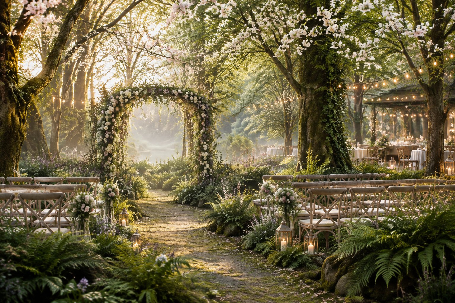 An enchanting woodland wedding venue with a flower-covered arch, mossy paths, lanterns, and glowing lights among lush greenery.