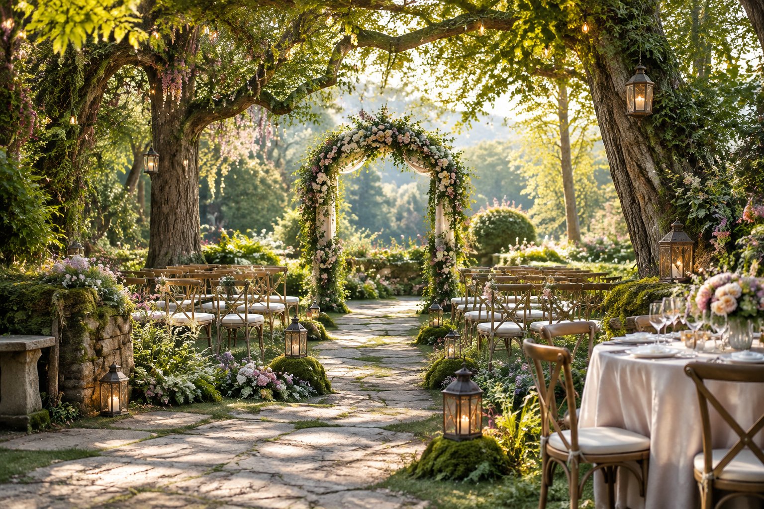 An elegant wedding ceremony and reception setting arranged in a lush flowering garden.