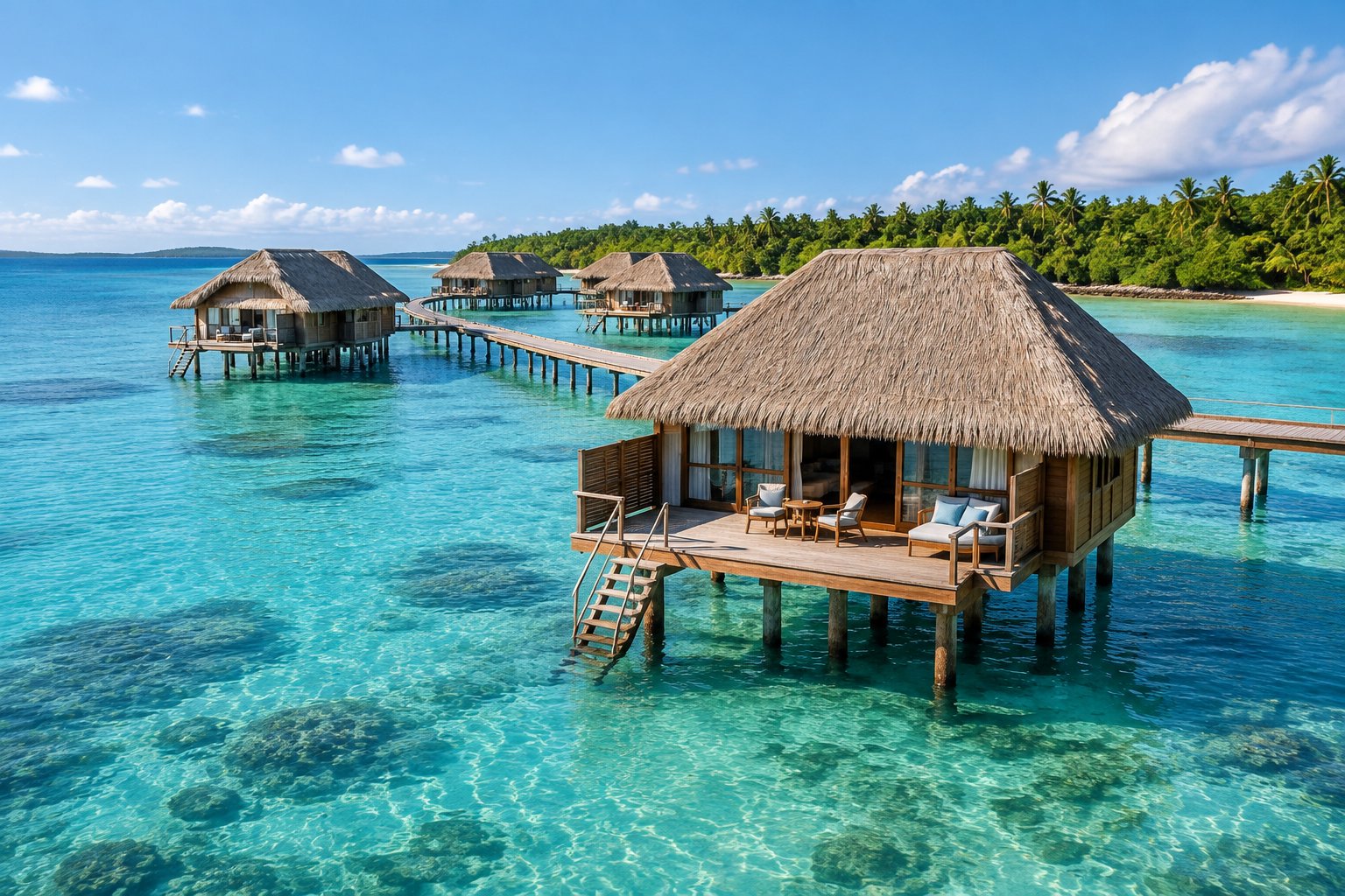 Overwater bungalows on stilts above a clear turquoise lagoon in Fiji.