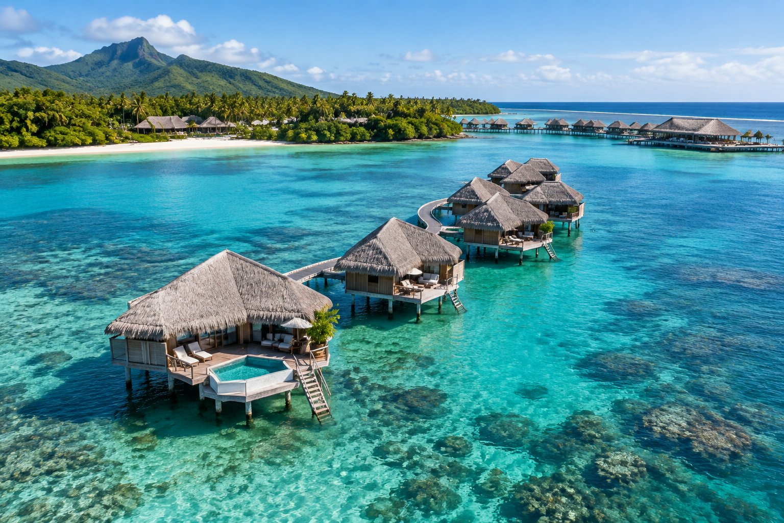Overwater bungalows extend across a clear turquoise lagoon beside a lush tropical island in Fiji.