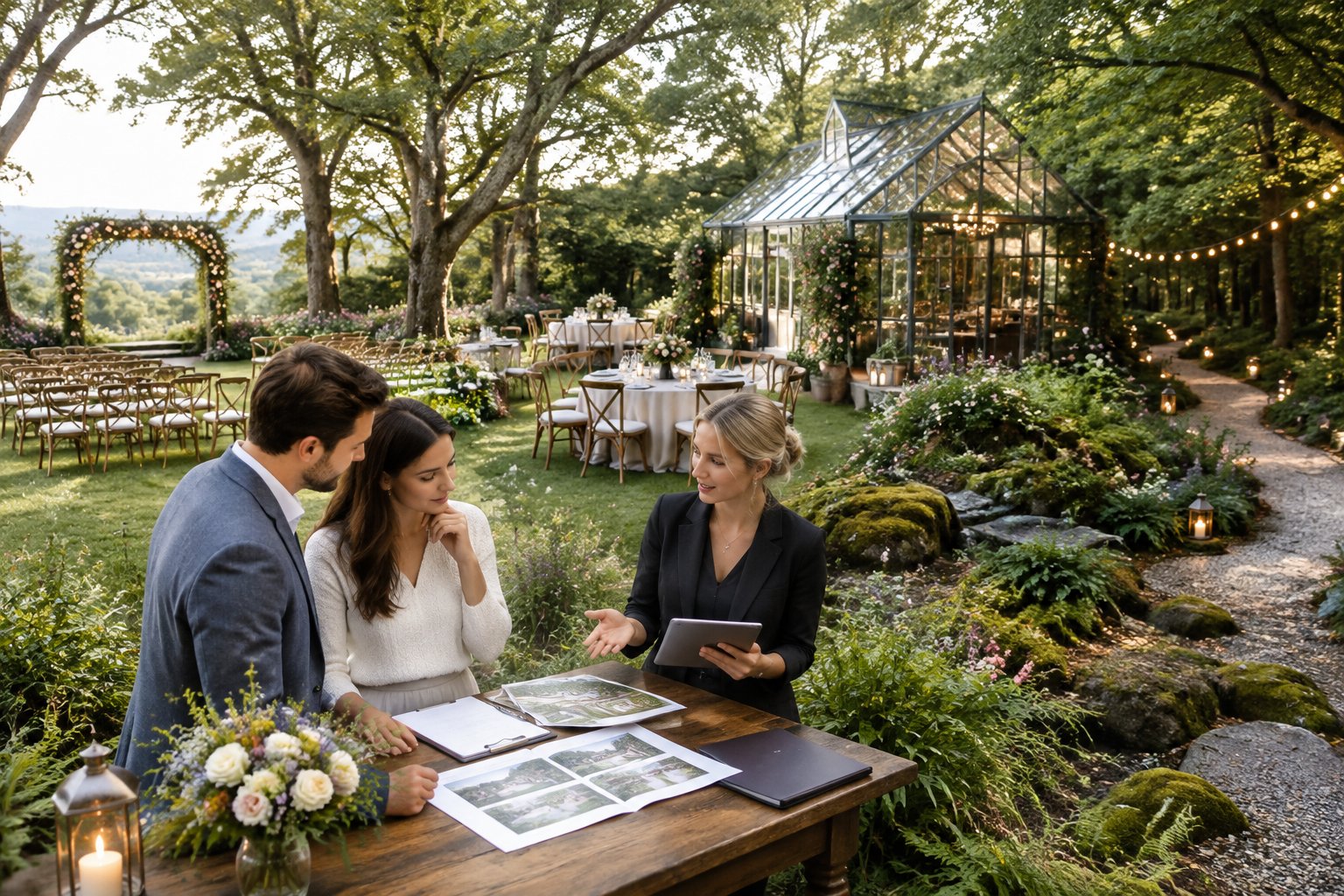 A couple compares several garden wedding venue areas with a coordinator in a flower-filled outdoor setting.