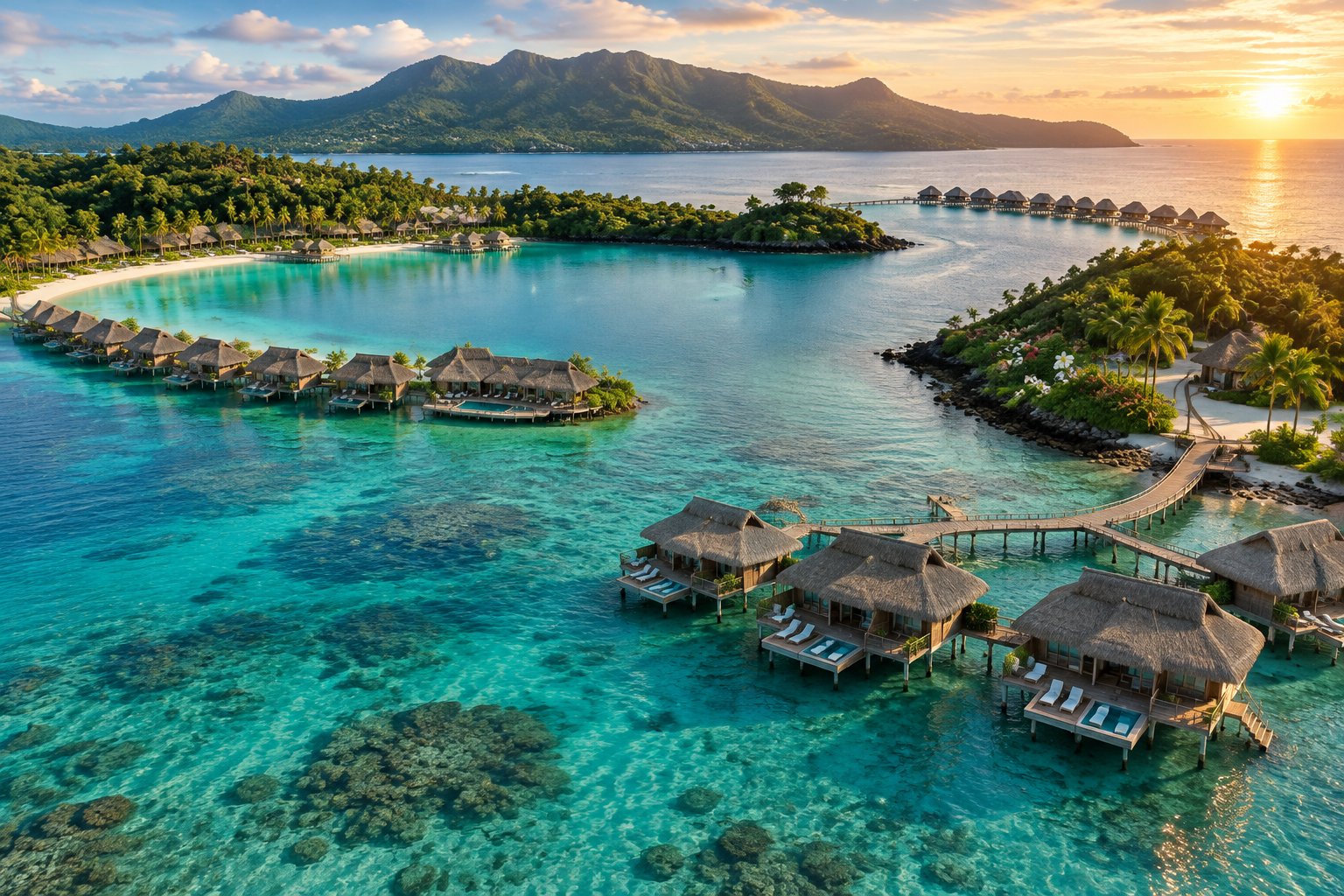Aerial view of Fijian overwater bungalows beside lush tropical islands and clear turquoise lagoons.