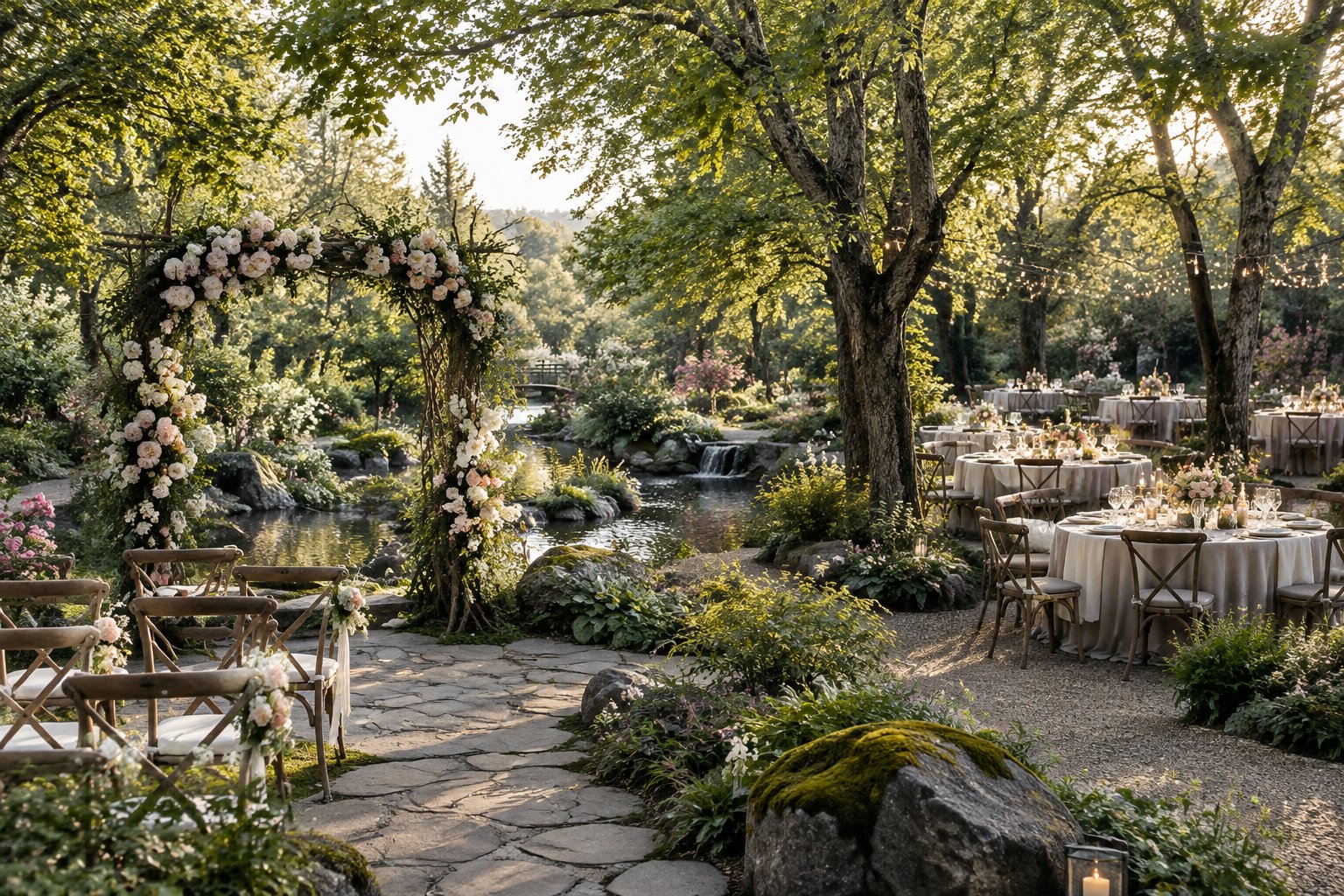 An elegant outdoor wedding ceremony and reception arranged within a lush flowering garden.