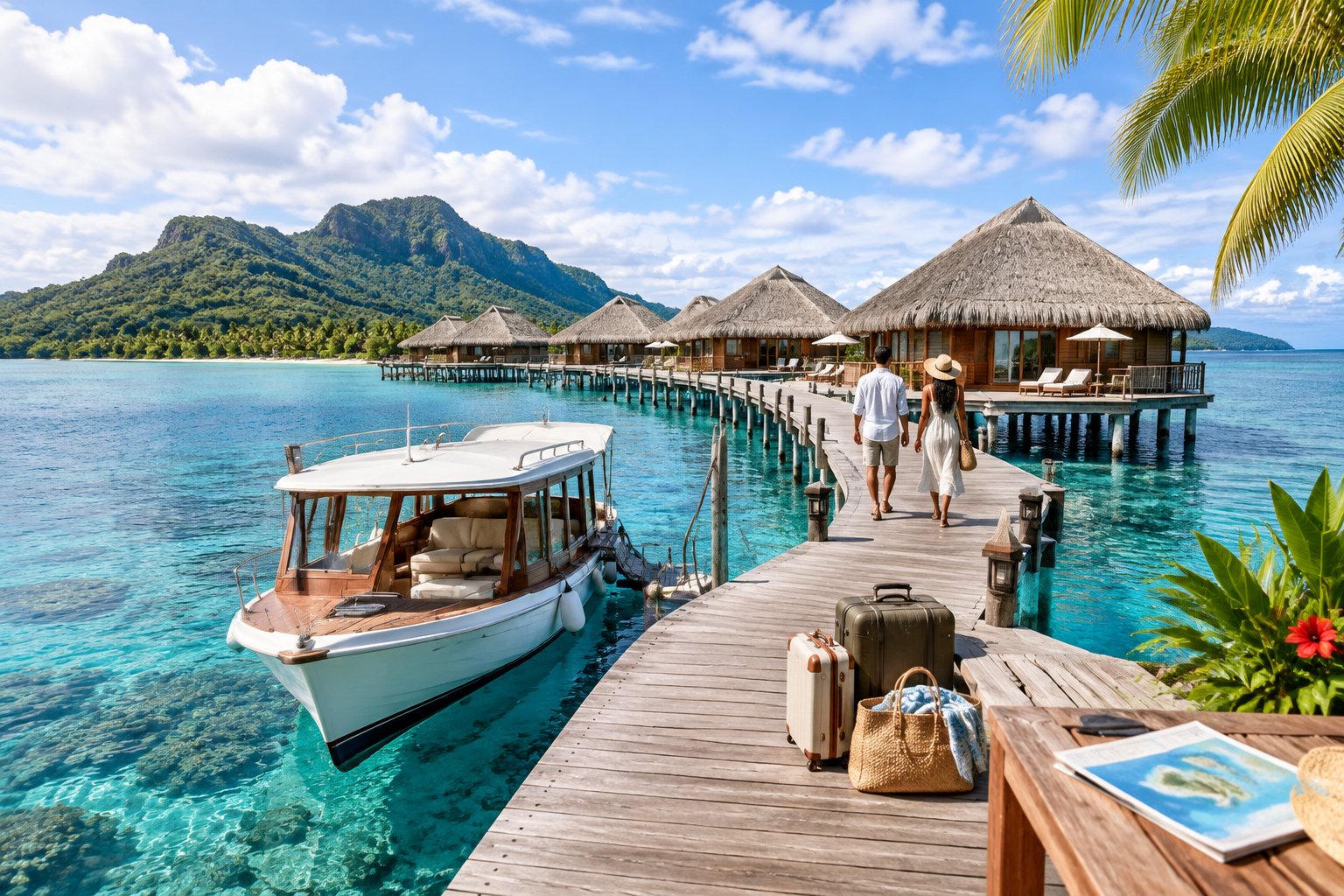 Travelers arrive by boat at a luxurious overwater bungalow resort in Fiji.