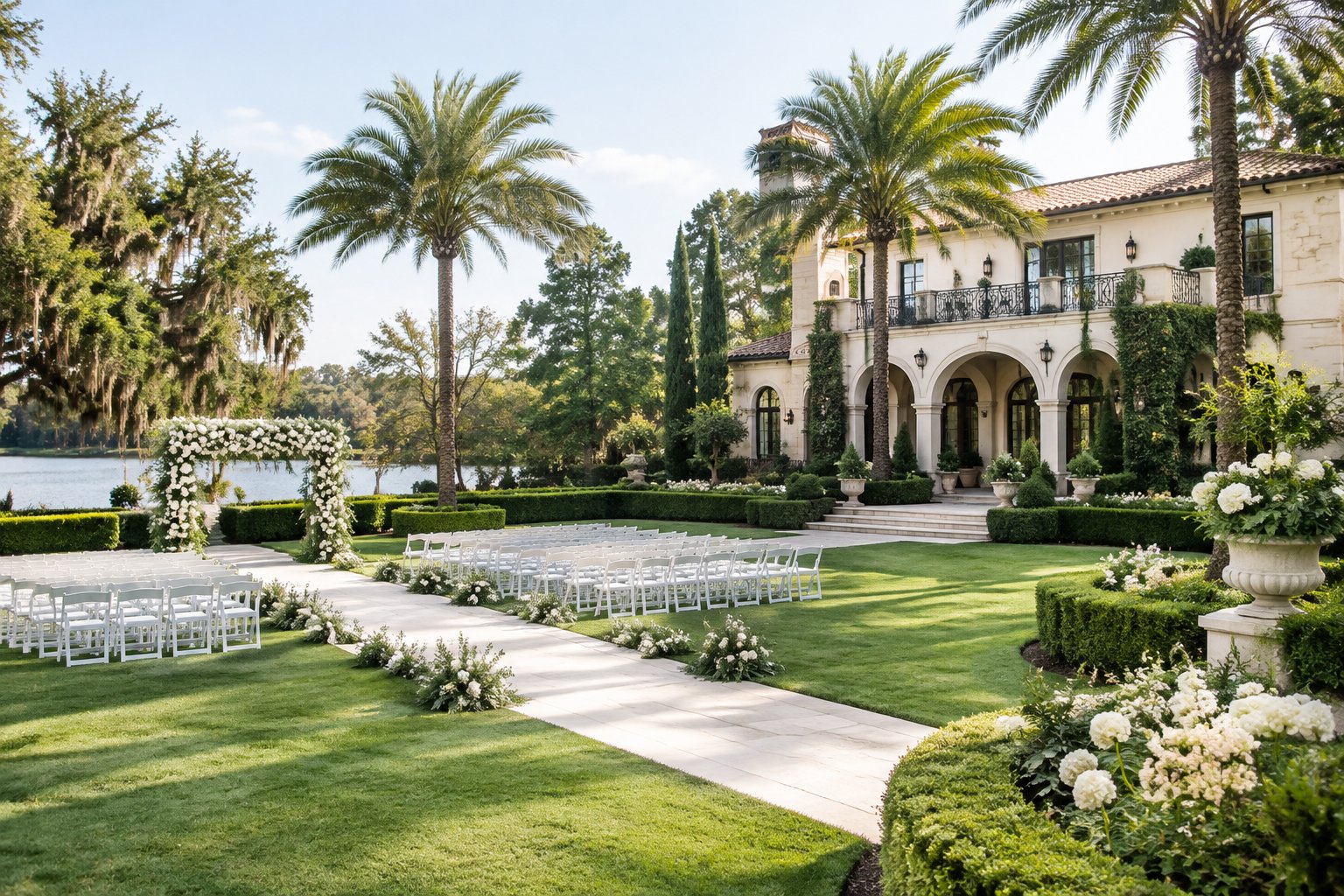 Elegant villa wedding venue surrounded by lush winter gardens and a neatly arranged outdoor ceremony area.