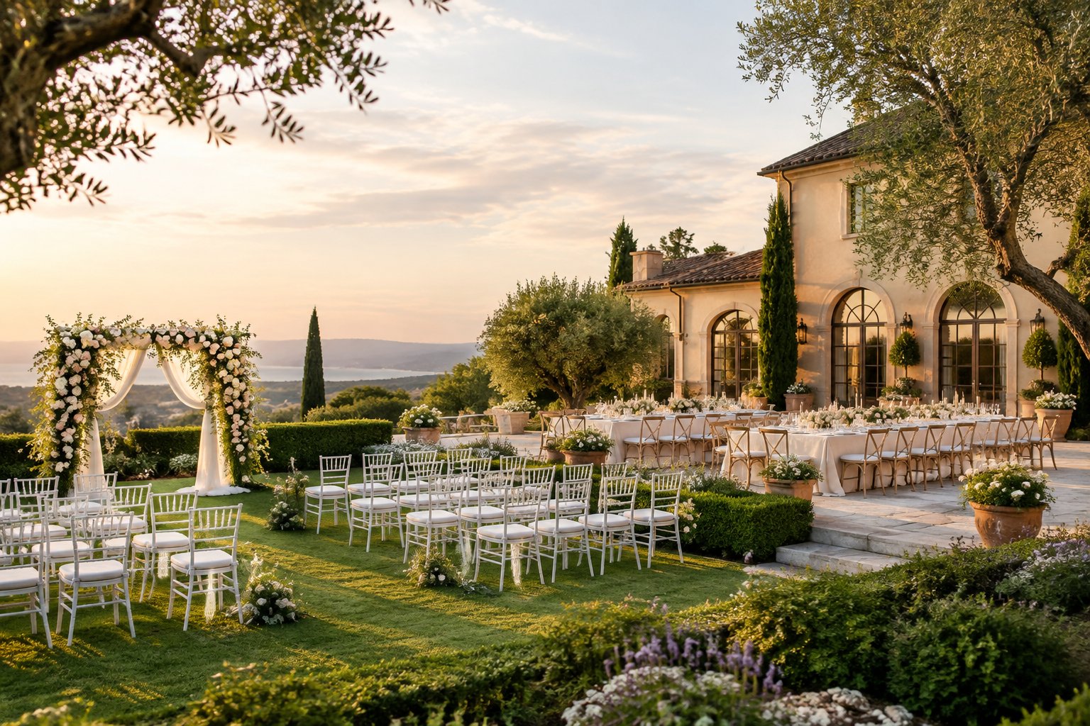 An elegant garden wedding venue with a villa, floral ceremony arch, white chairs, and a decorated outdoor reception area.