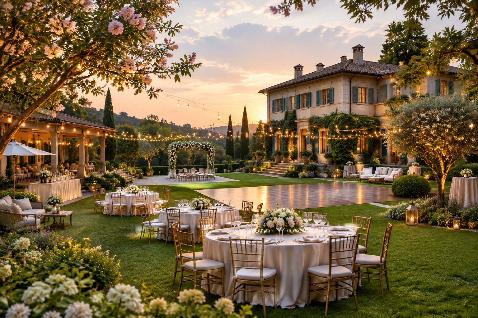 Elegant garden villa venue arranged for a wedding and other outdoor celebrations.
