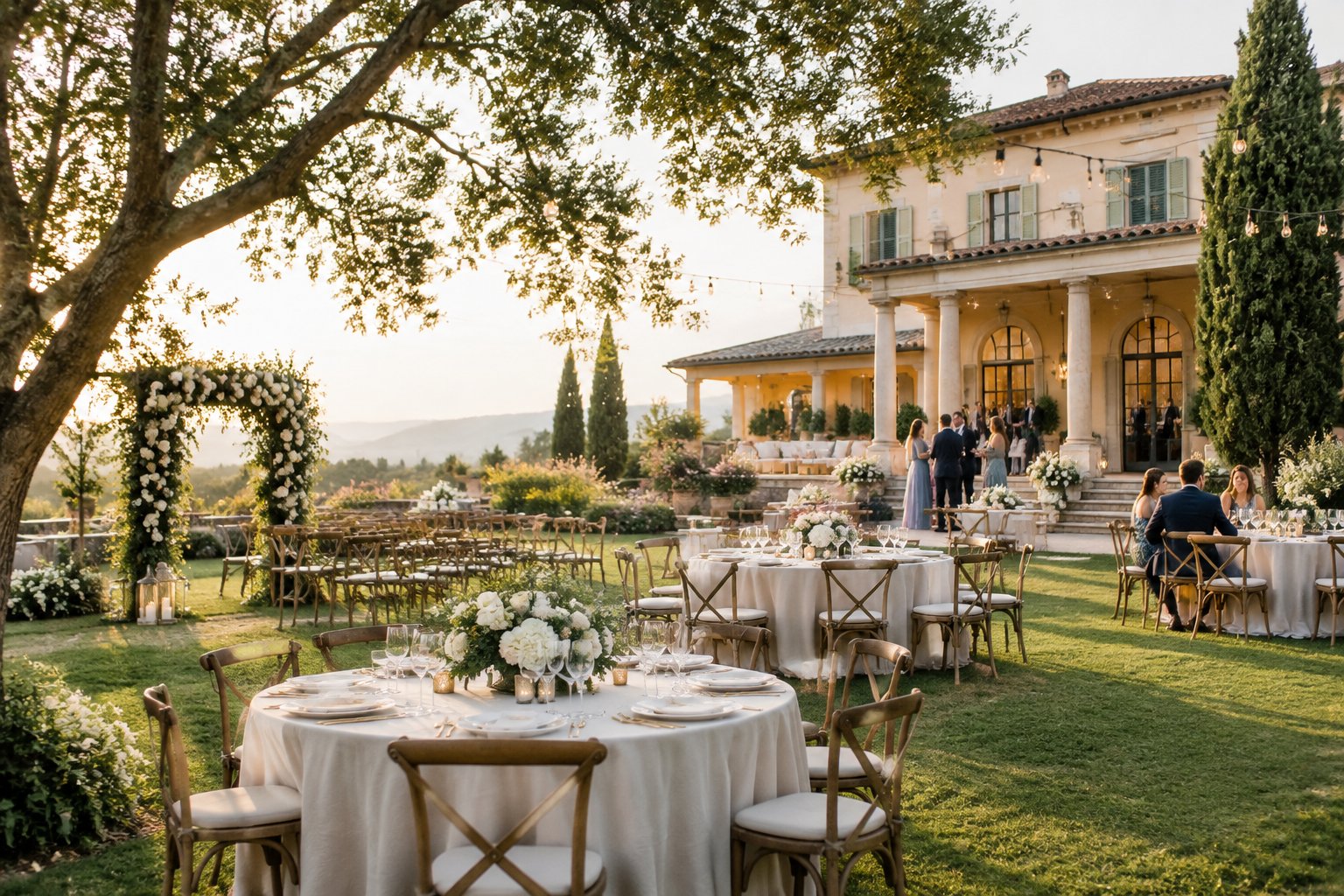 An elegant wedding reception arranged in the garden of a villa, with decorated tables, flowers, guests, and the villa in the background.