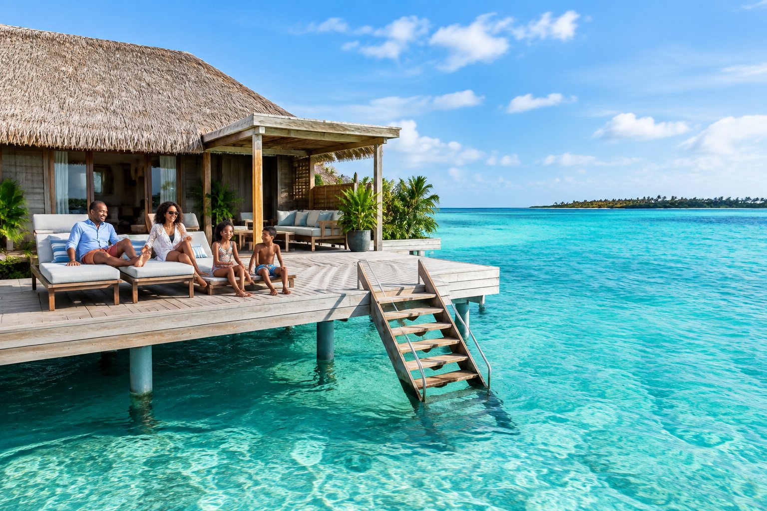 A family relaxes on the deck of a Caribbean overwater bungalow above turquoise water.