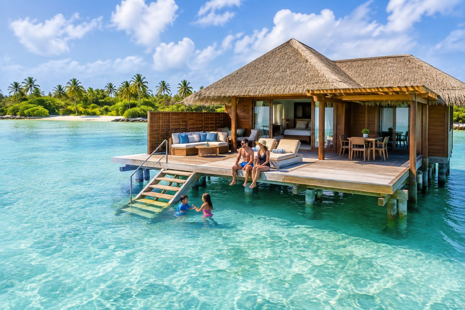 A family relaxes on the deck of a Caribbean overwater bungalow above a clear turquoise lagoon.