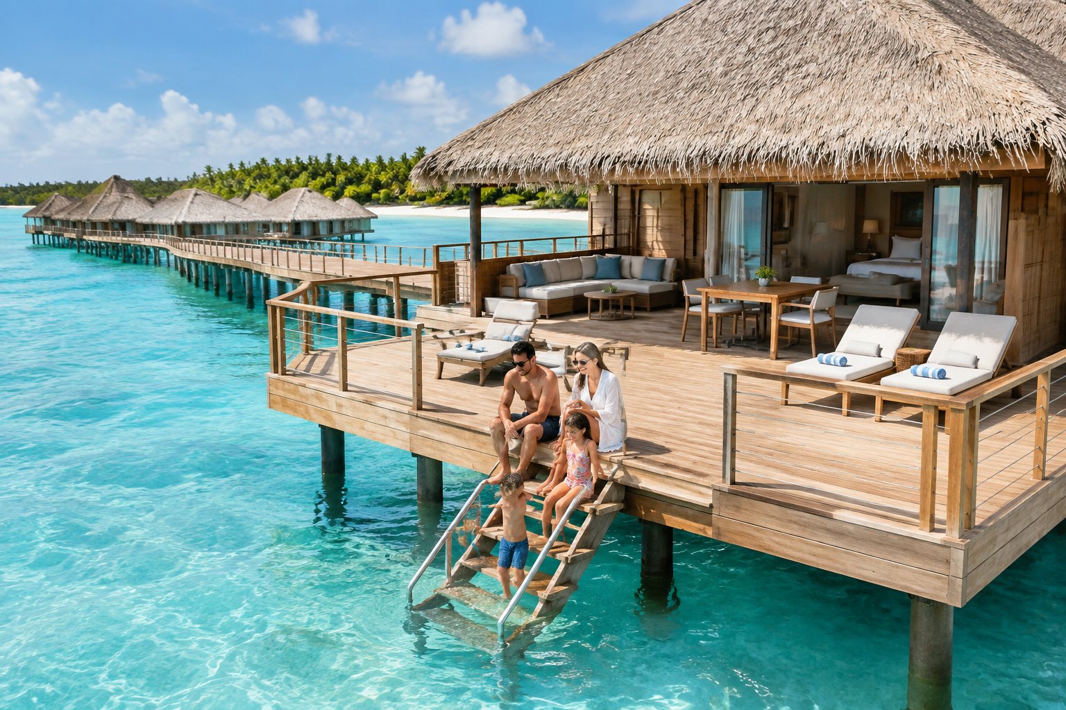 A family relaxes on the deck of a Caribbean overwater bungalow beside turquoise water.