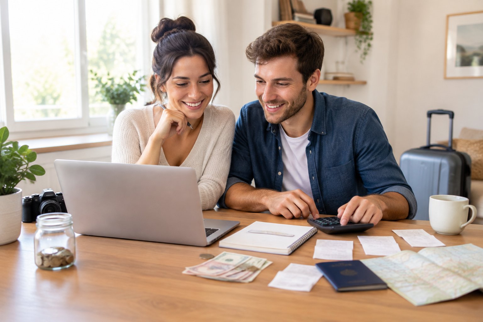 A couple reviews honeymoon travel expenses at a table with a laptop, calculator, passport, map, and small suitcase.