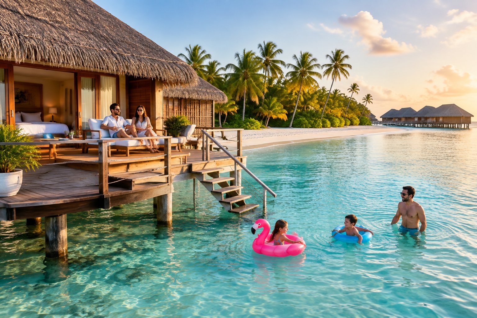 Parents relax on an overwater bungalow deck while their children play in the clear Caribbean water nearby.