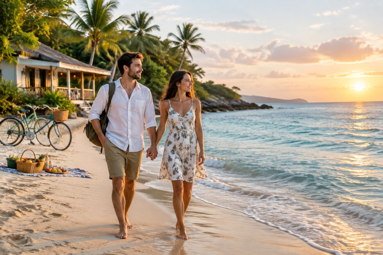 A newlywed couple walks hand in hand along a sunny tropical beach near a small seaside guesthouse.