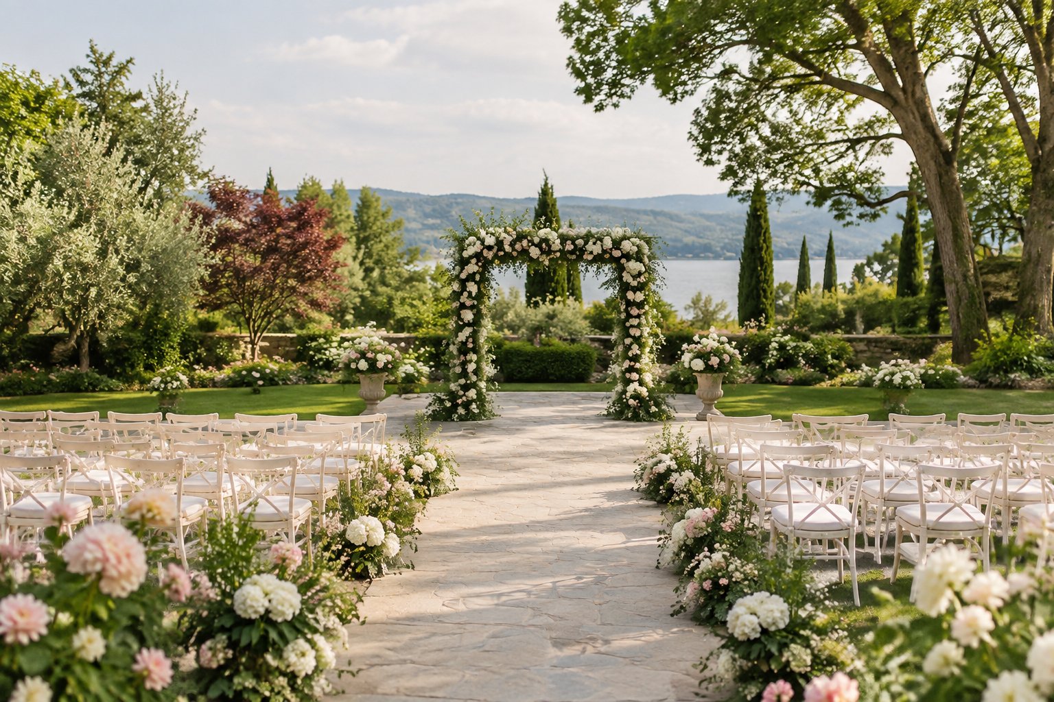 Elegant outdoor wedding ceremony setup in a lush garden with floral arrangements and rows of chairs.