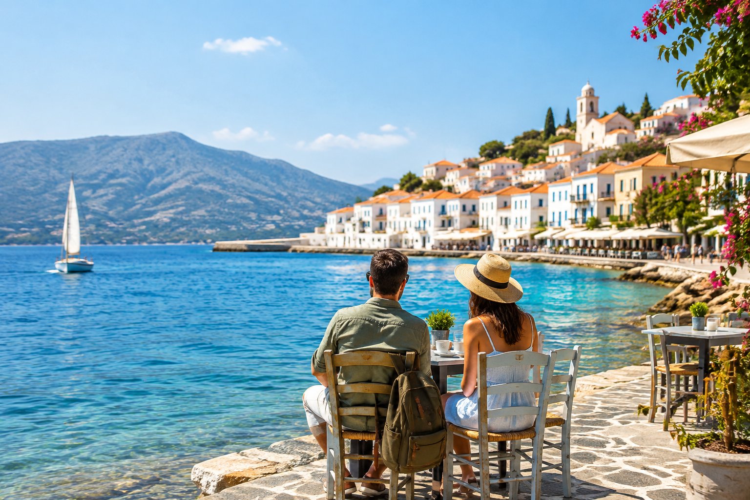 A couple explores a sunny, charming European seaside town with white buildings, blue water, and sailboats.