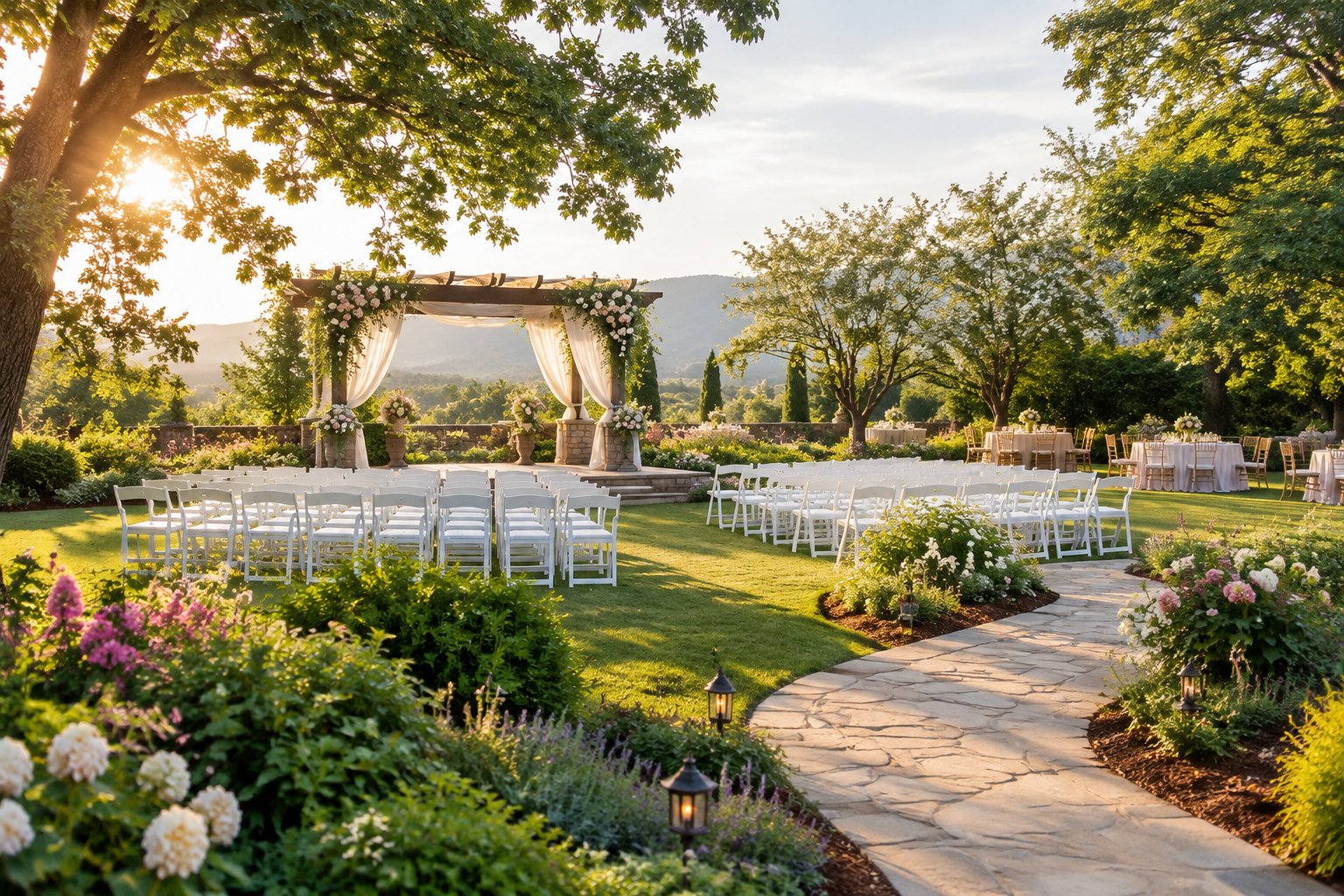 A decorated garden wedding ceremony area with white chairs, flowering plants, and a pergola on a sunny lawn.