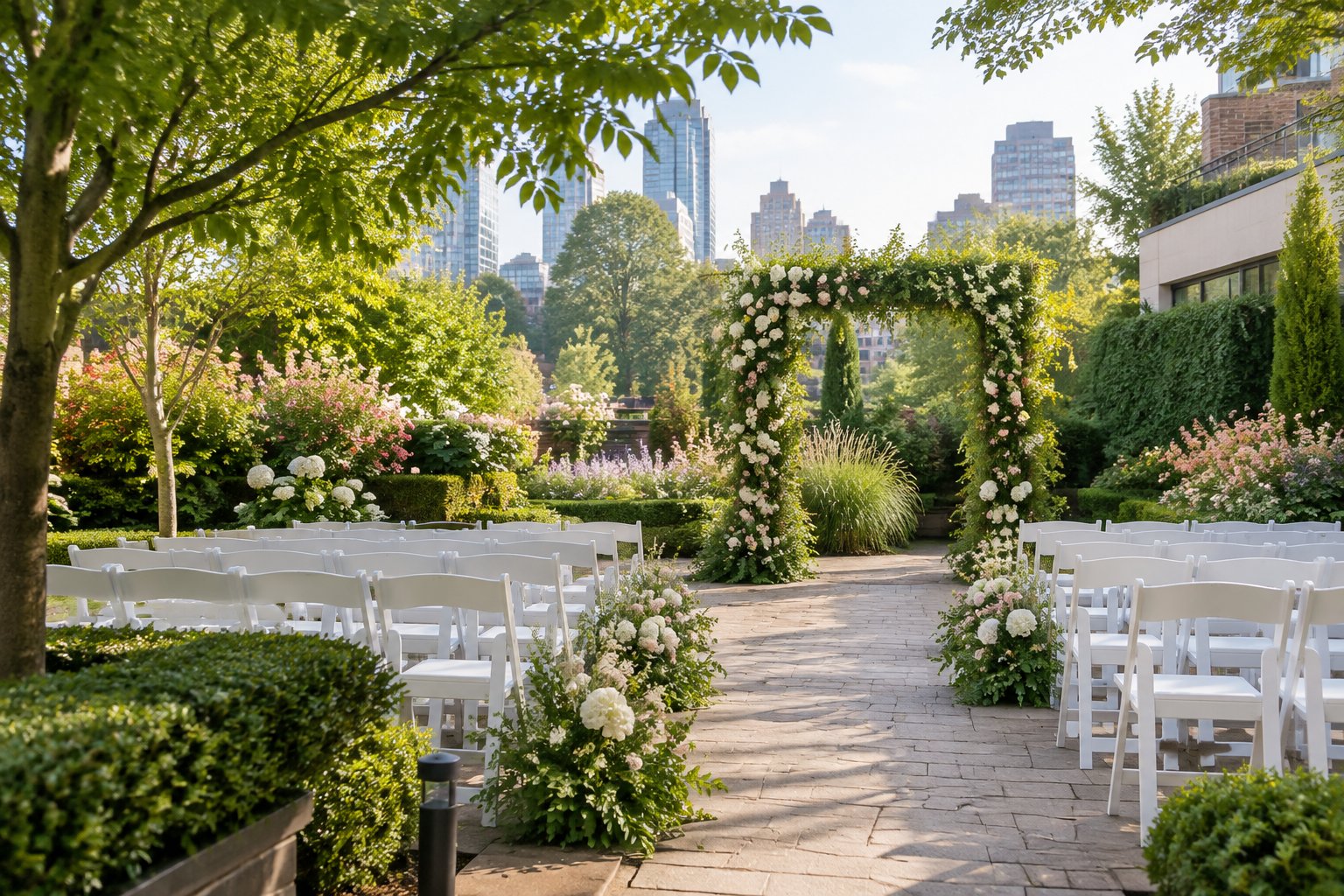 An elegant garden wedding venue with a flower-covered arch, white chairs, lush plants, and city buildings in the background.