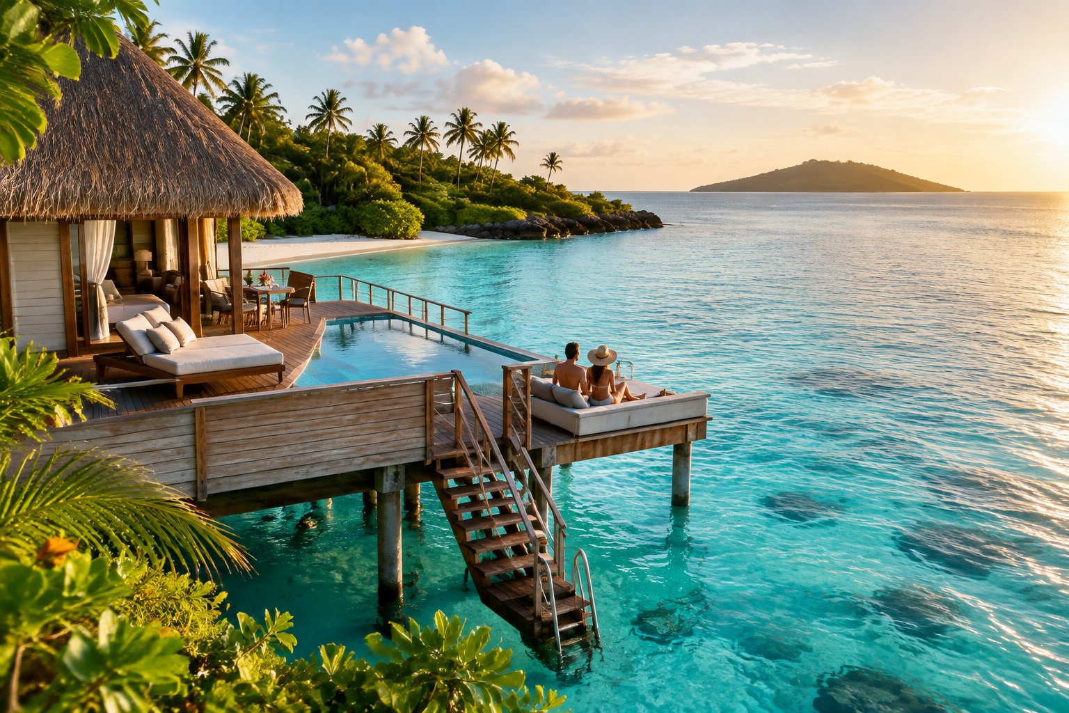 A couple relaxes beside a luxurious overwater bungalow on a tropical lagoon in Fiji.