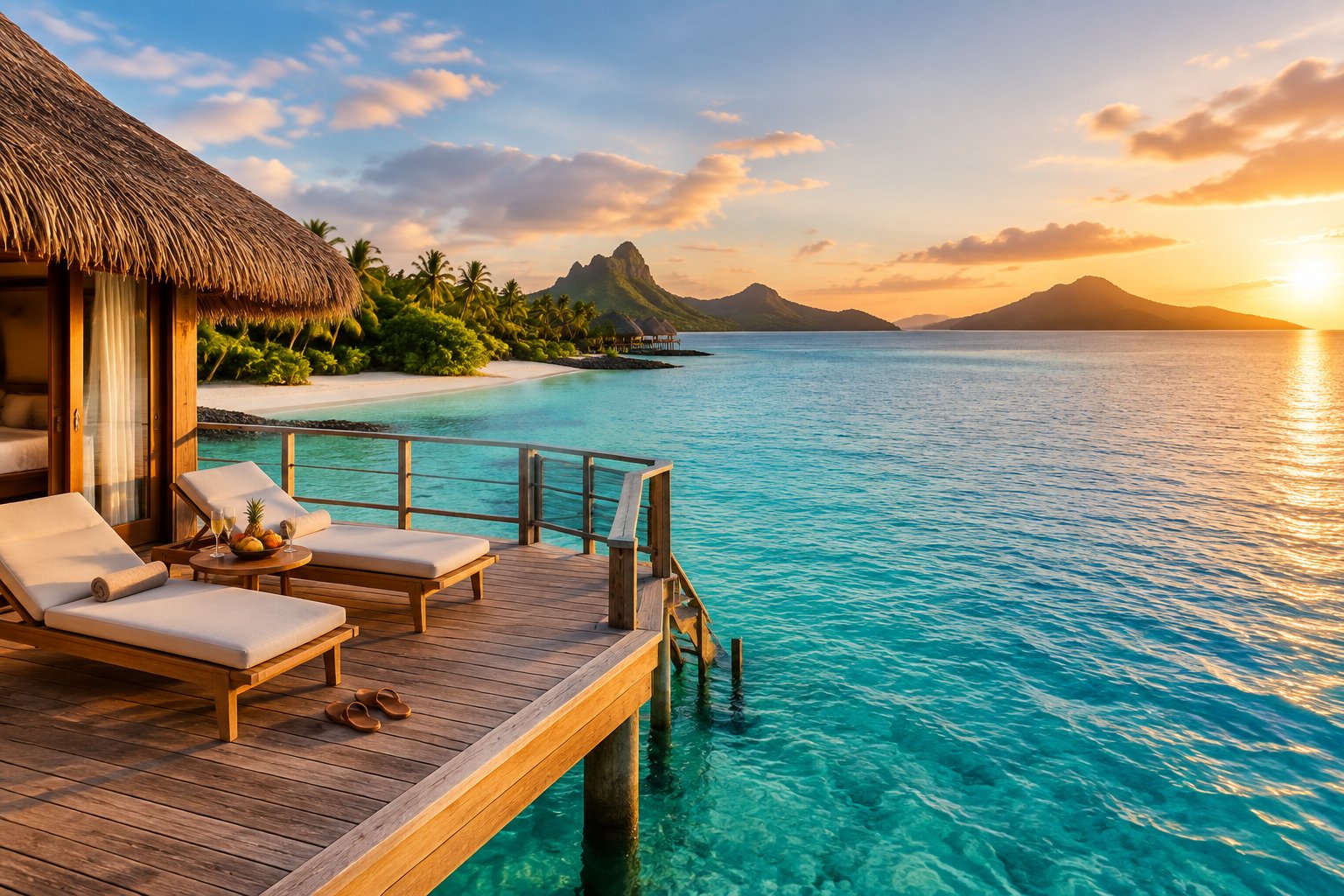 A luxurious overwater bungalow overlooking a turquoise lagoon, white beach, palm trees, and distant green islands.