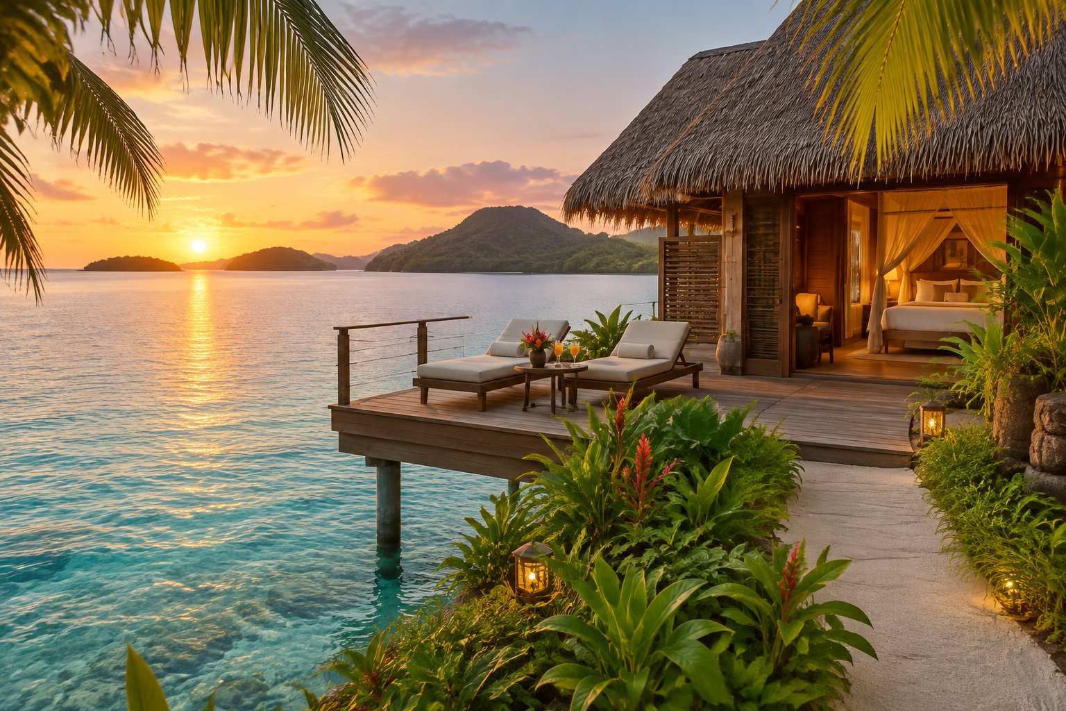 A secluded overwater bungalow with a private deck overlooking a turquoise lagoon at sunset.