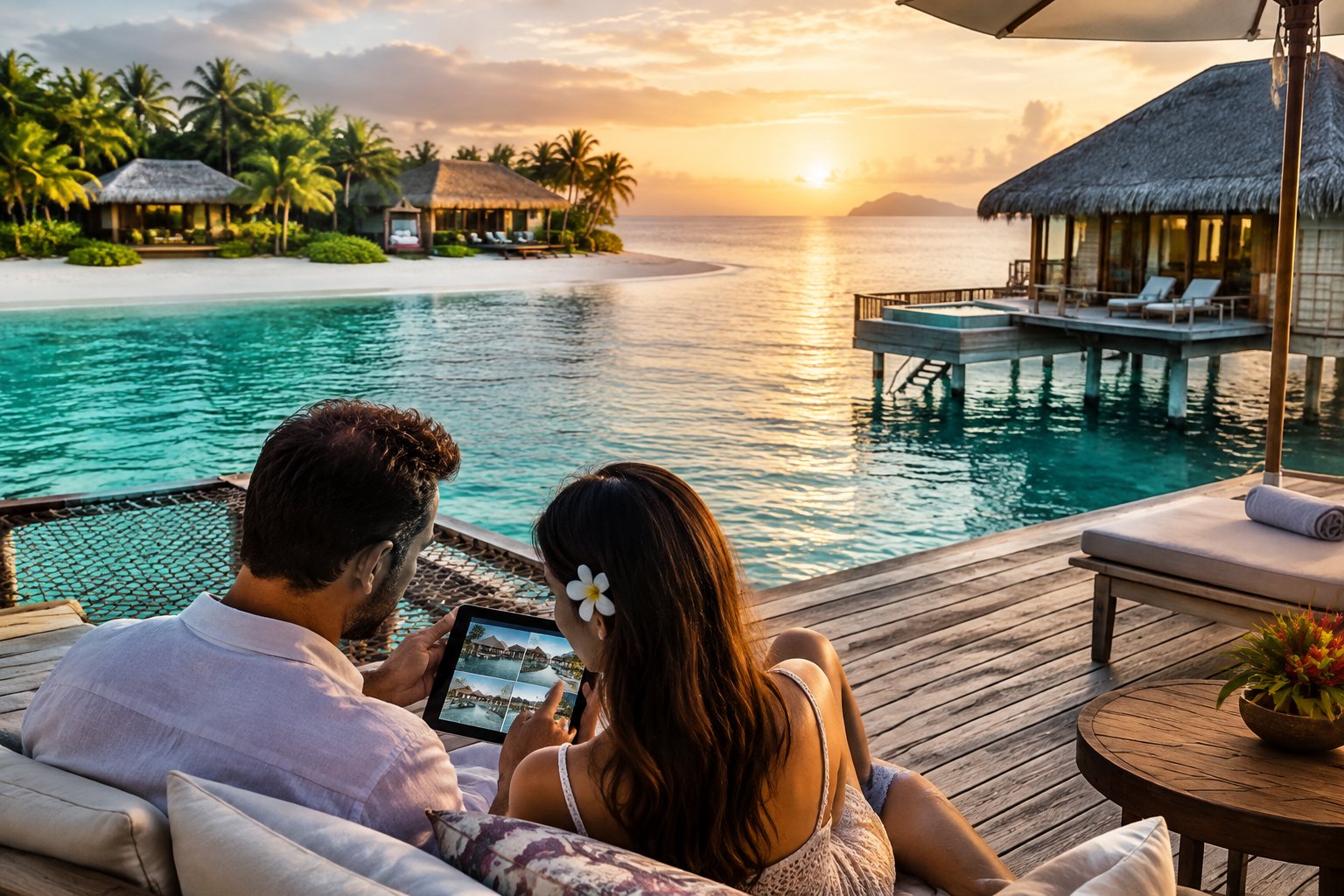 A couple compares resort accommodation options beside an overwater bungalow in Fiji.