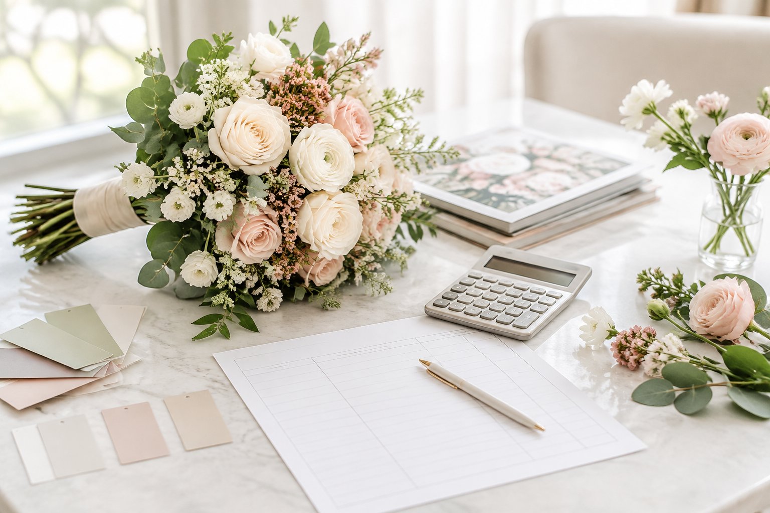A wedding flower bouquet, sample stems, calculator, and blank budgeting materials arranged on an elegant table.