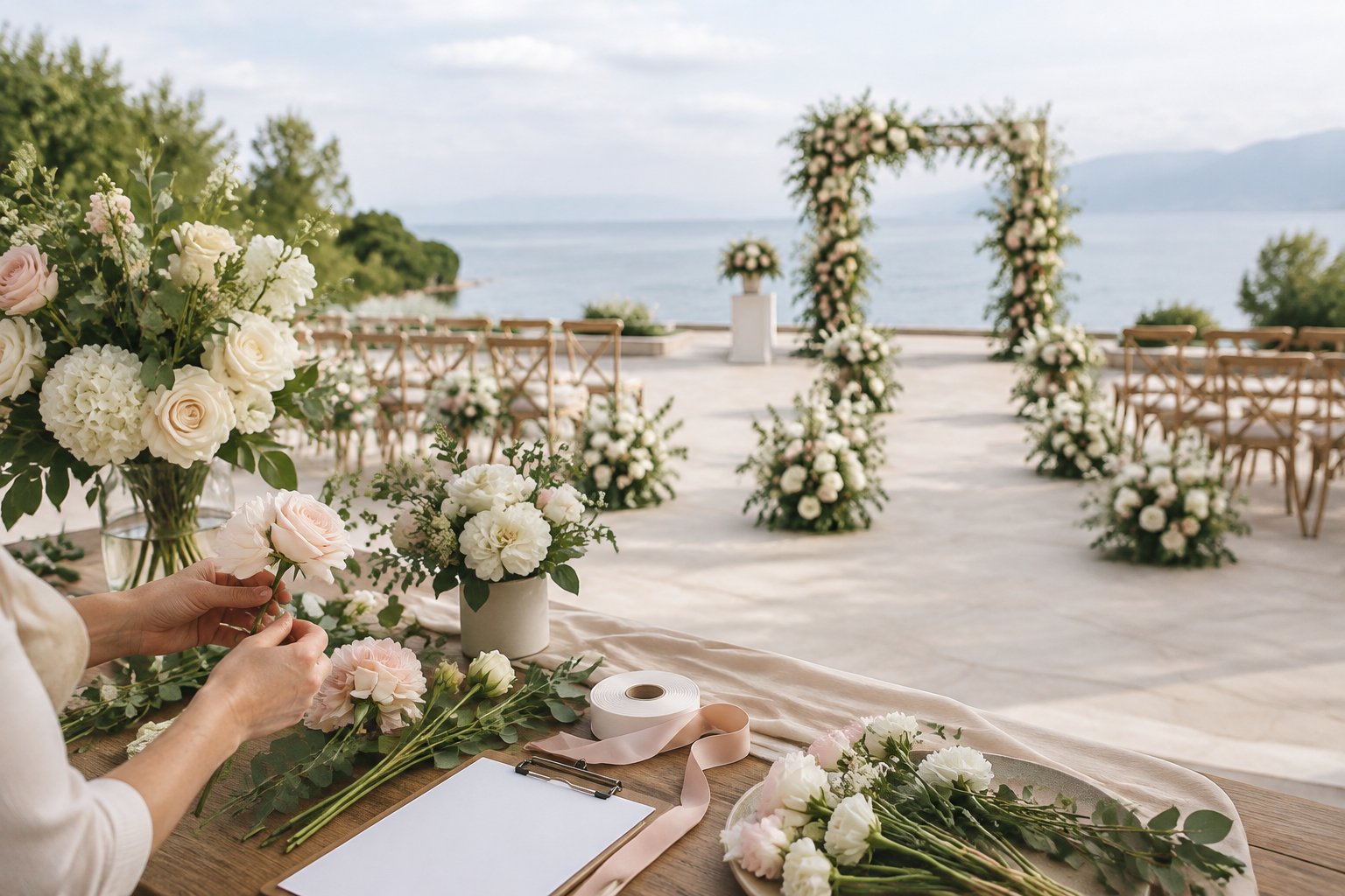 Wedding ceremony decorated with floral arrangements, while a florist reviews flowers and supplies nearby.