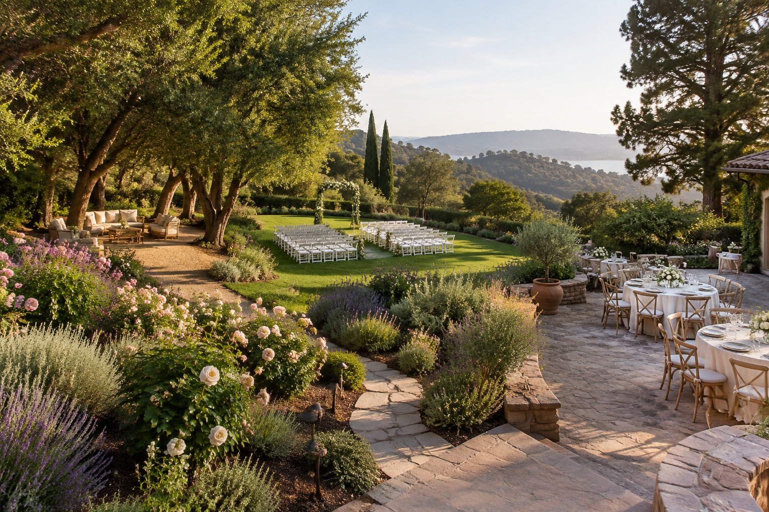 A landscaped garden wedding venue with flowers, trees, ceremony chairs, and a reception patio overlooking rolling hills.