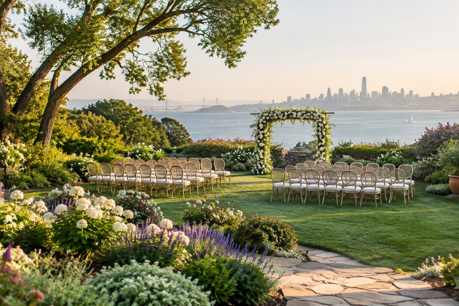 A landscaped waterfront garden set up for a wedding ceremony, with flowers, chairs, a floral arch, and a distant bay and city skyline.