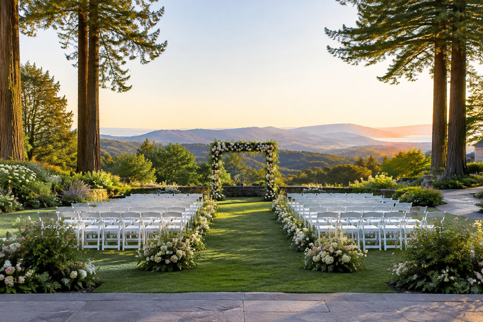 A garden wedding ceremony set among redwood trees with mountain views in the distance.