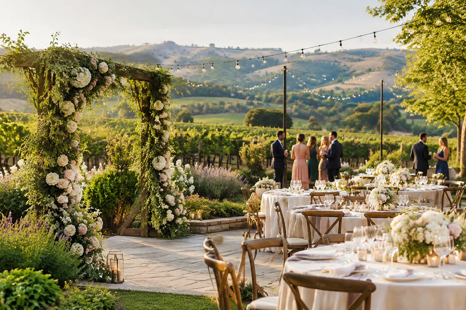 An elegant garden wedding reception surrounded by grapevines and rolling wine-country hills.