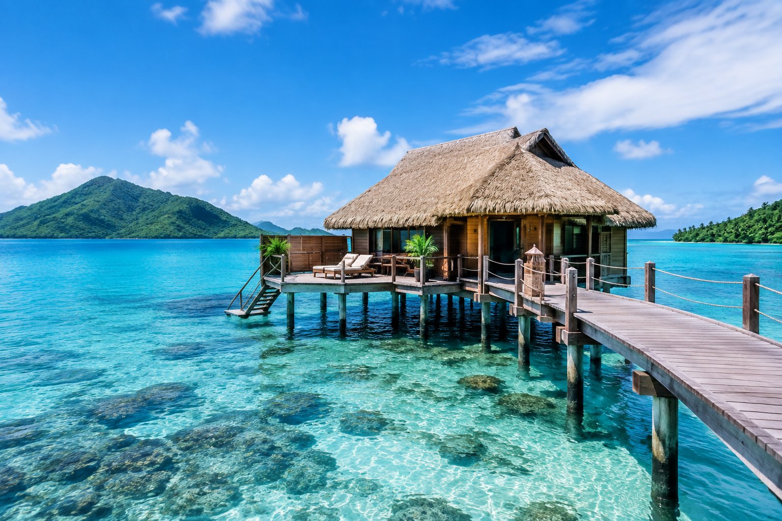 A traditional overwater bungalow on a wooden walkway above clear turquoise water in Fiji.