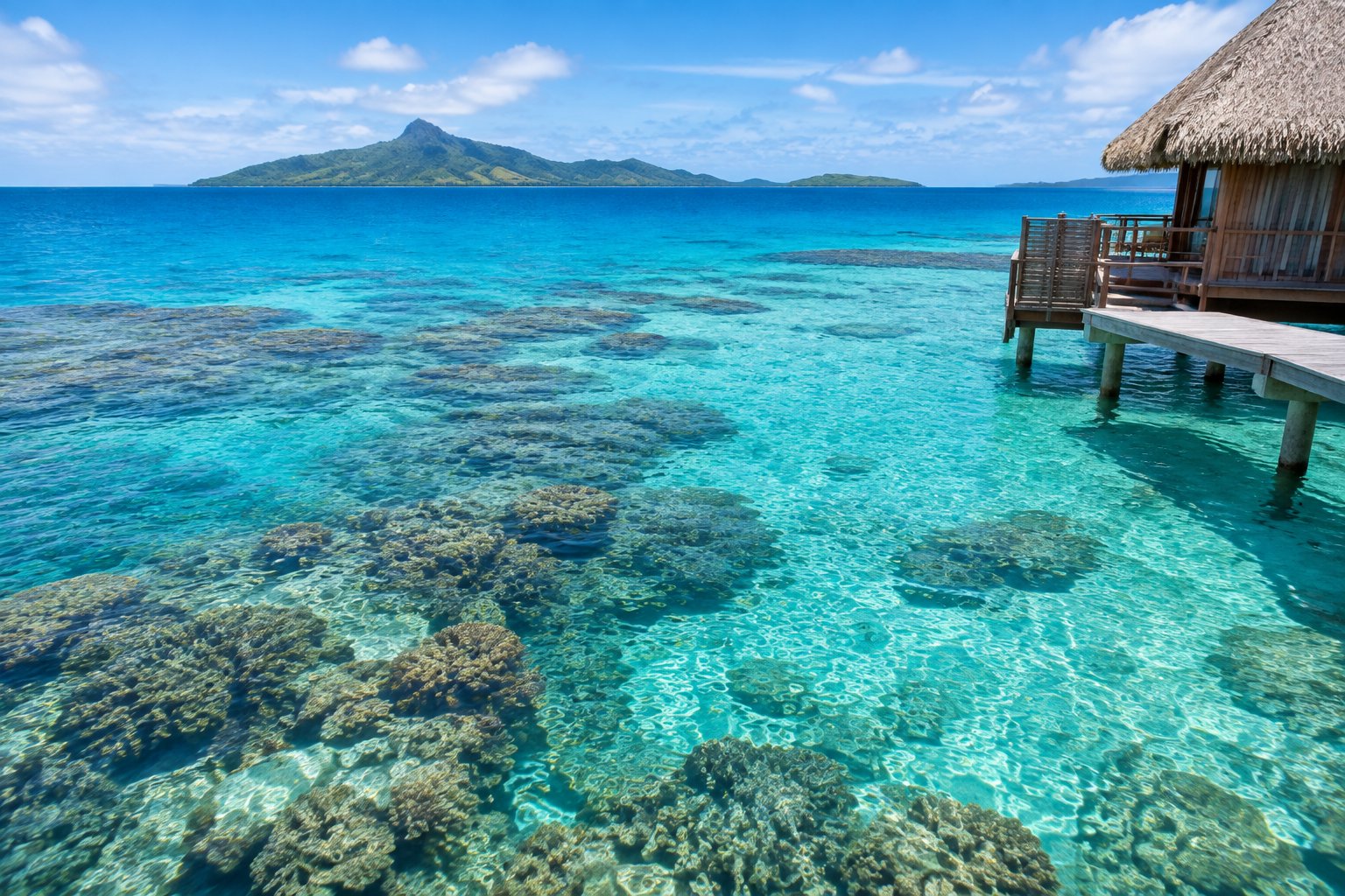 A tropical lagoon with clear blue water, colorful coral reef, and an overwater bungalow in Fiji.