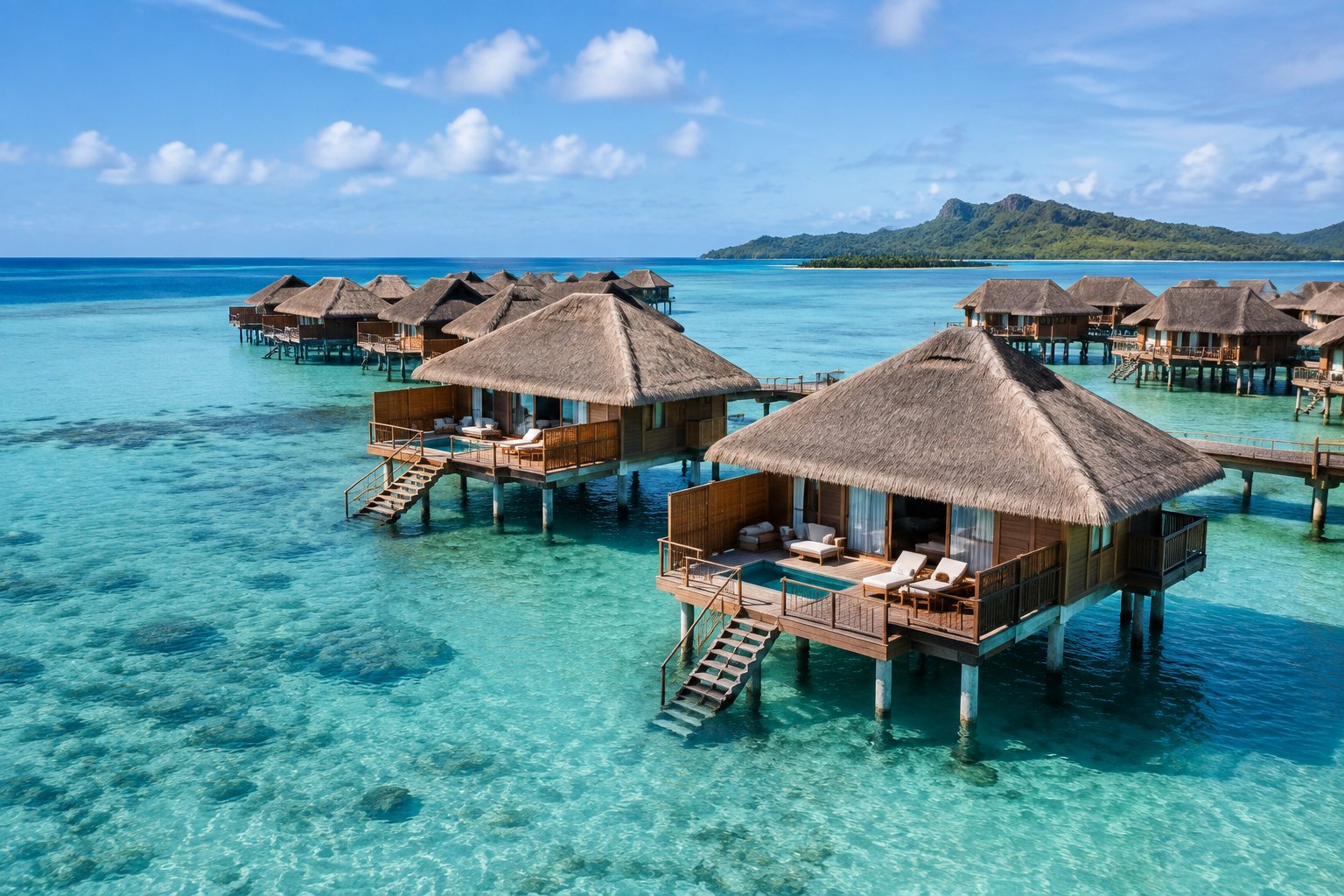 Overwater bungalows stretch across a clear turquoise lagoon beside a lush tropical island in Fiji.
