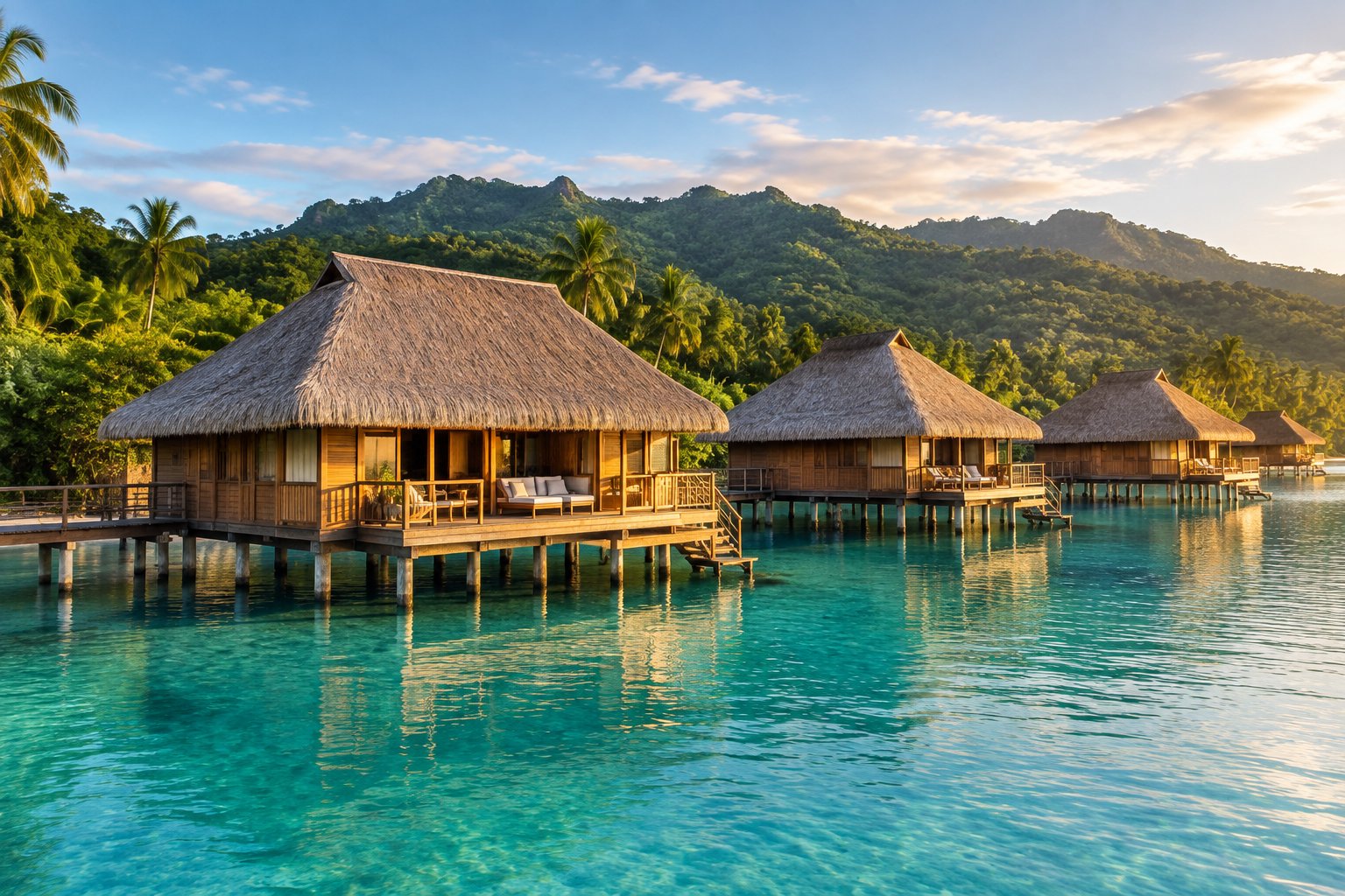 Traditional floating bures sit on a calm turquoise lagoon with tropical greenery and forested hills in the background.