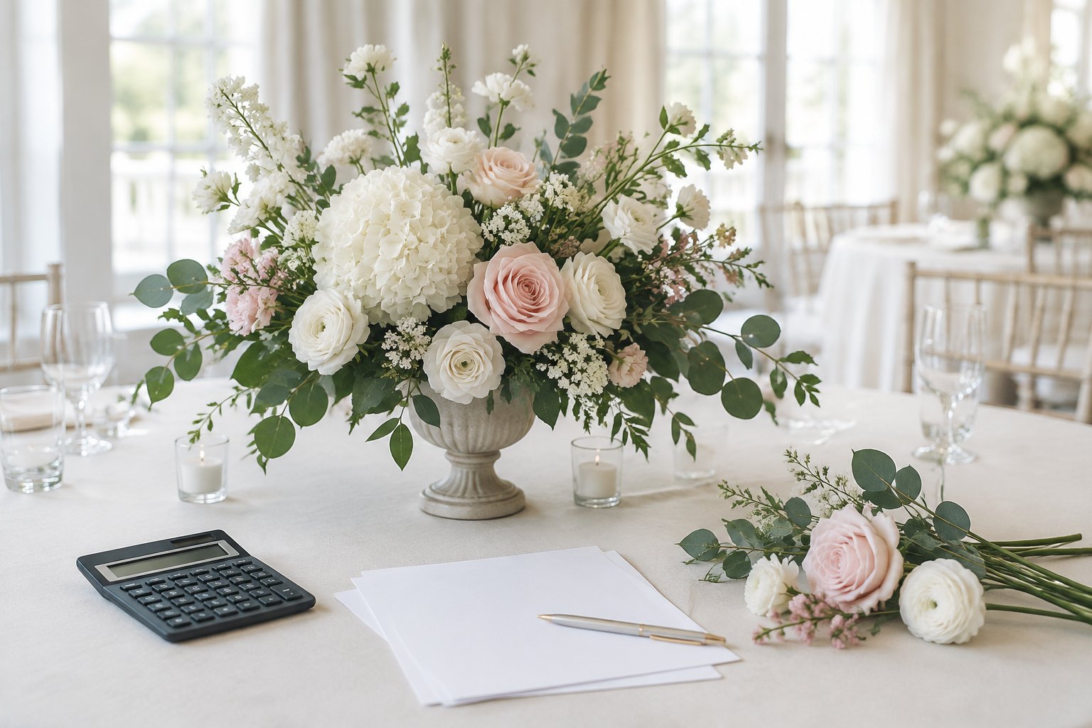 Wedding flowers arranged on a reception table beside a calculator and blank papers.
