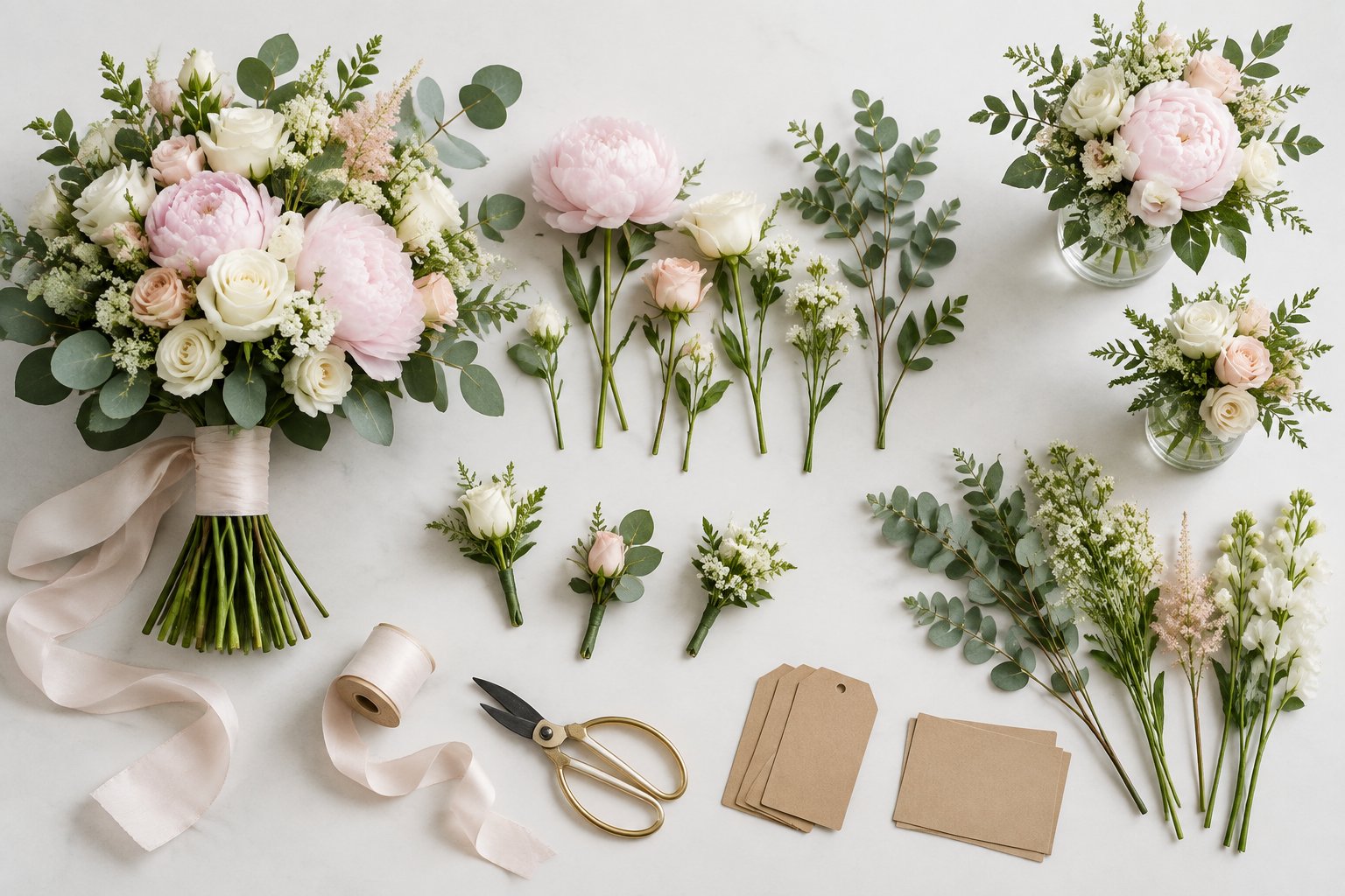 Wedding flowers, loose stems, bouquets, centerpieces, and floral supplies arranged on a tabletop.