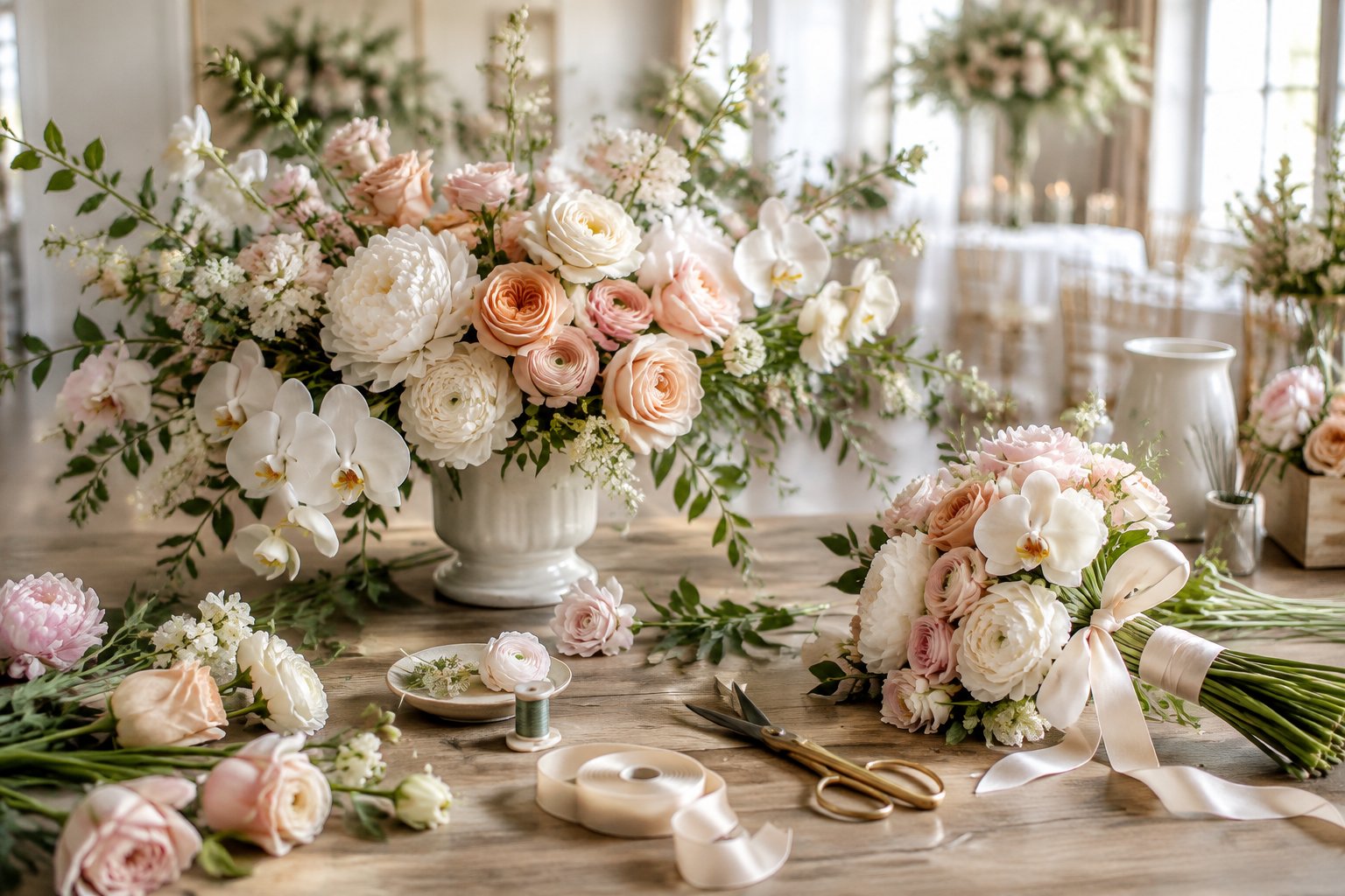 A florist arranges premium flowers for an elaborate wedding centerpiece on a worktable.